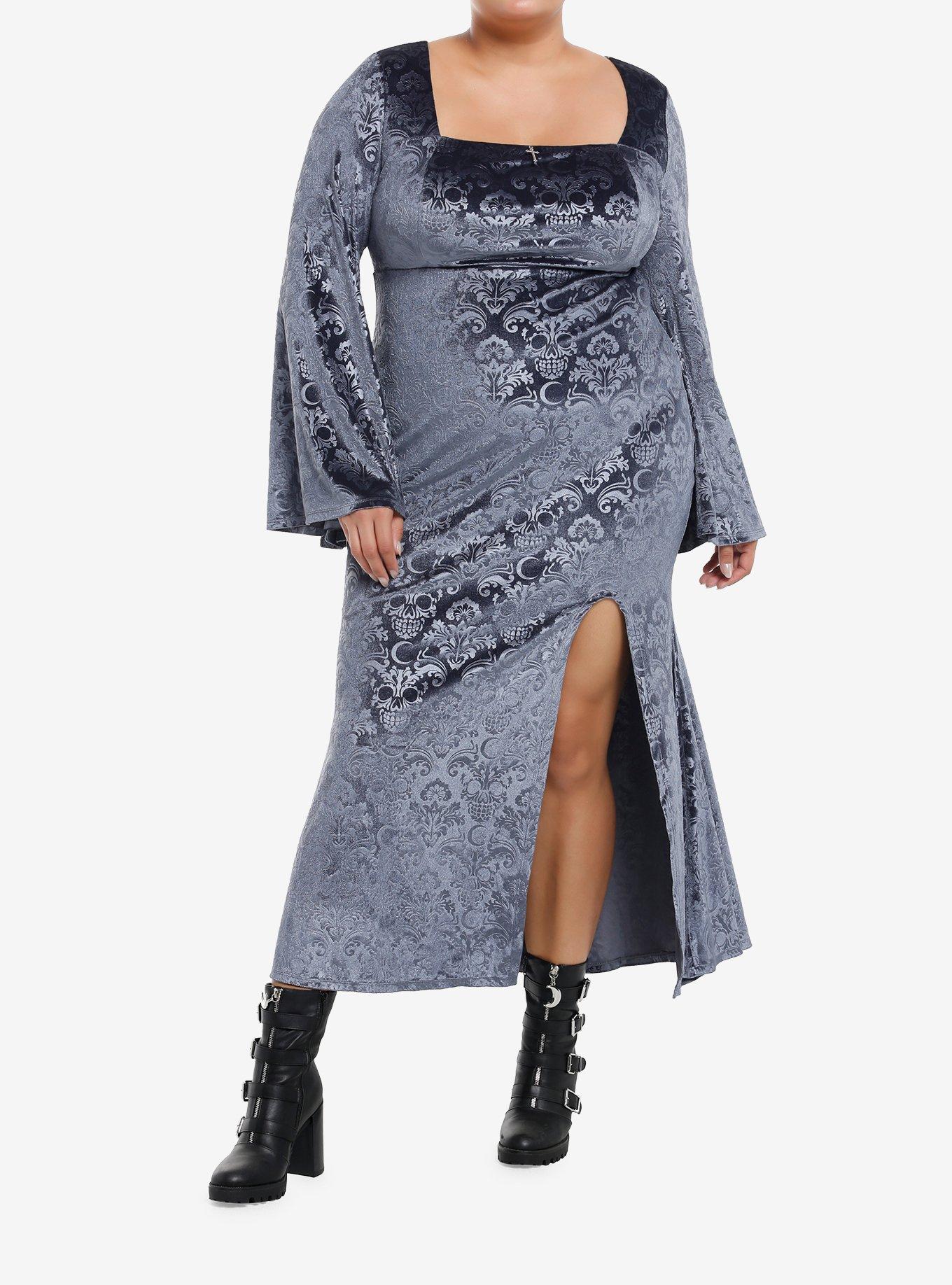 Cosmic Aura Skull Filigree Debossed Velvet Maxi Dress Plus Size, , hi-res