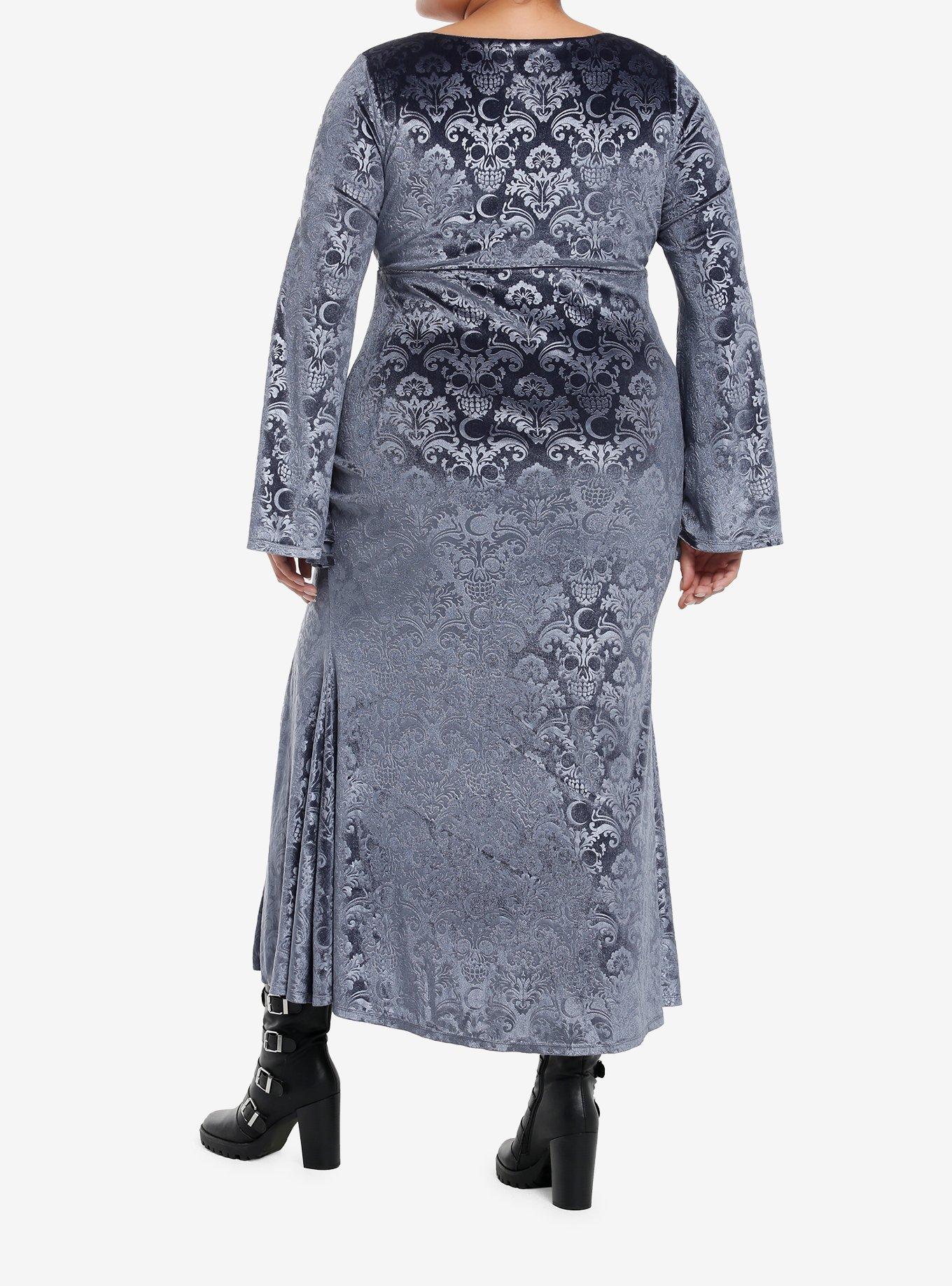 Cosmic Aura Skull Filigree Debossed Velvet Maxi Dress Plus Size, BLUE, alternate