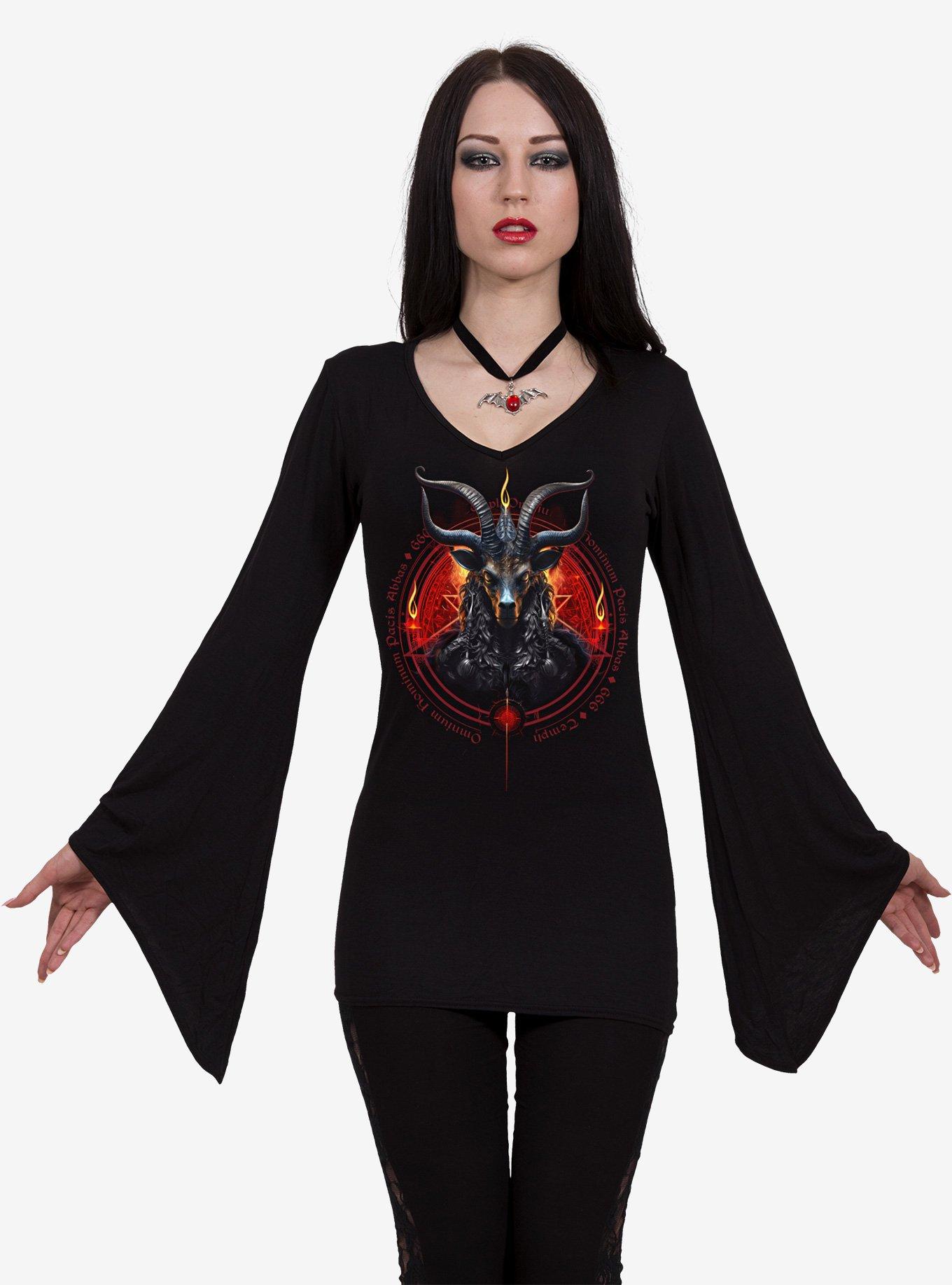 Baphomet V Neck Goth Sleeve Top, BLACK, alternate