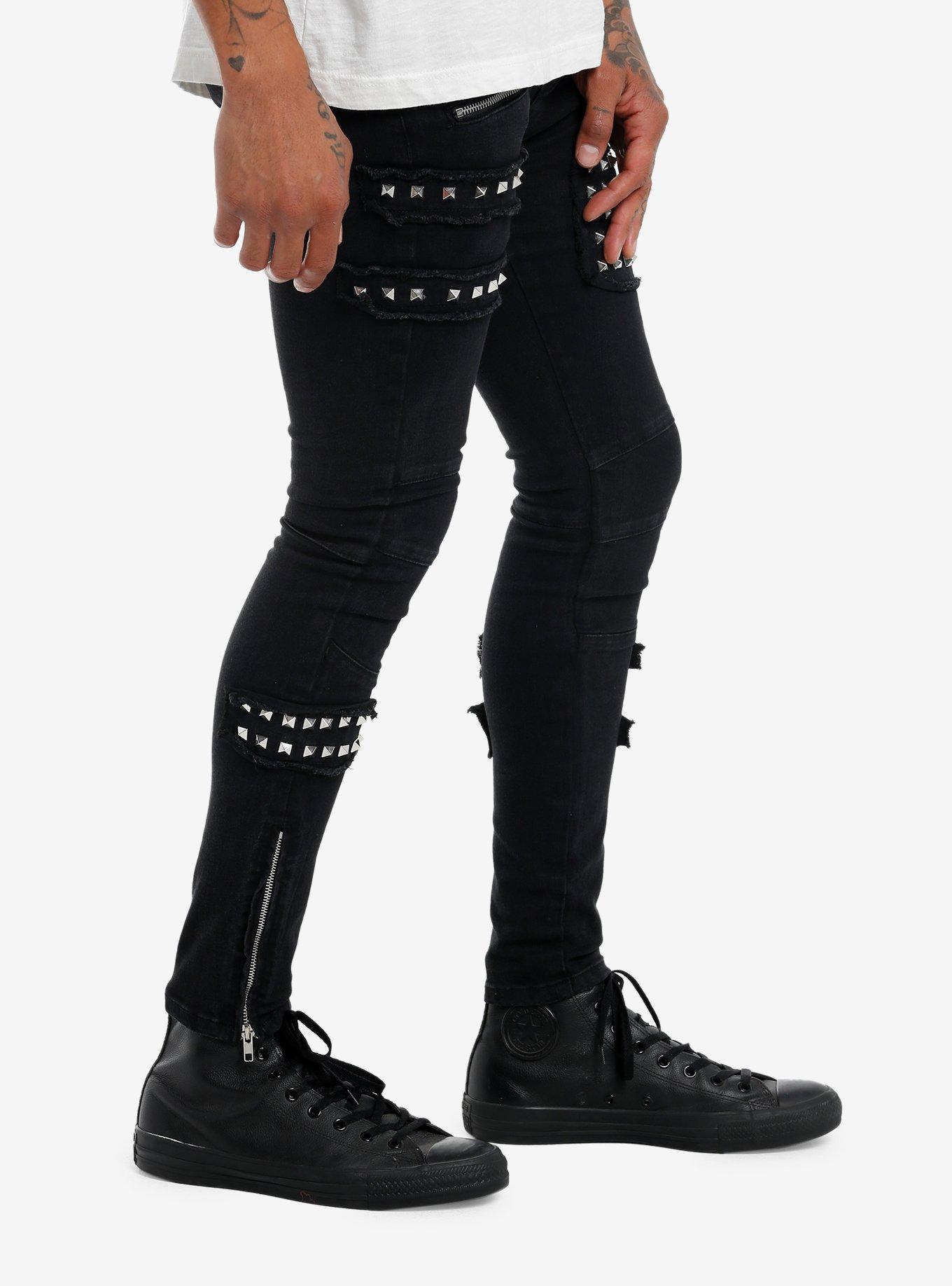 Black Pyramid Stud Patch Stinger Jeans, BLACK, alternate