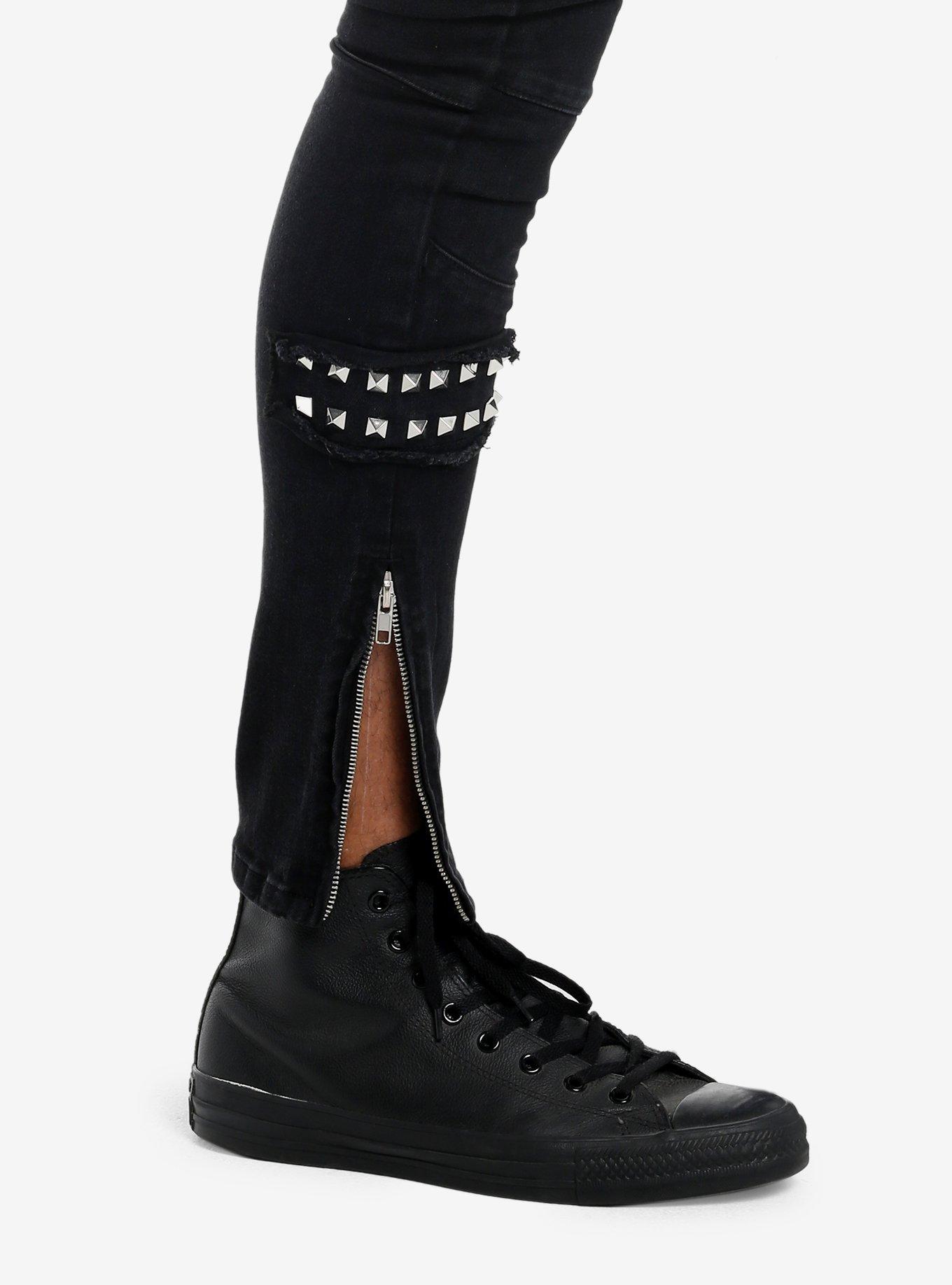 Black Pyramid Stud Patch Stinger Jeans, BLACK, alternate