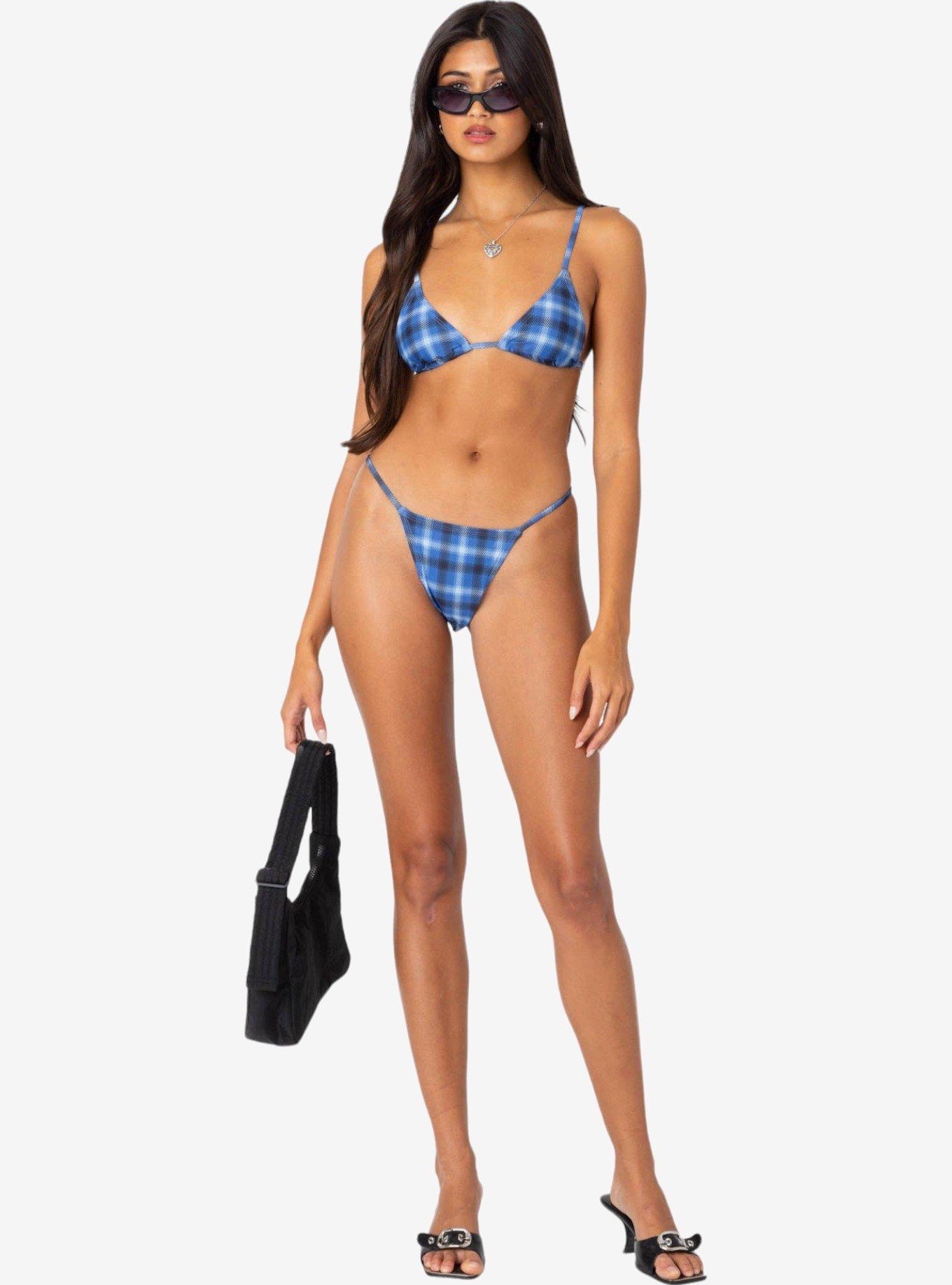 Edikted Preppy Plaid Triangle Bikini Top, BLUE, alternate