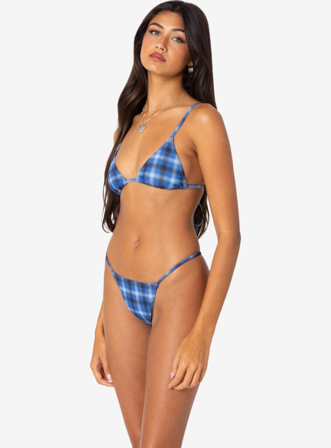 Edikted Preppy Plaid Triangle Bikini Top, BLUE, alternate