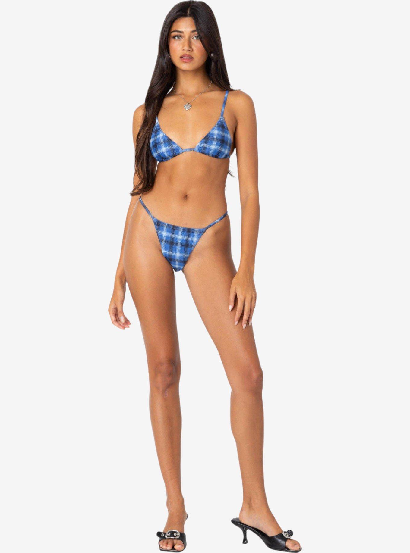 Edikted Preppy Plaid String Bikini Bottom, BLUE, alternate