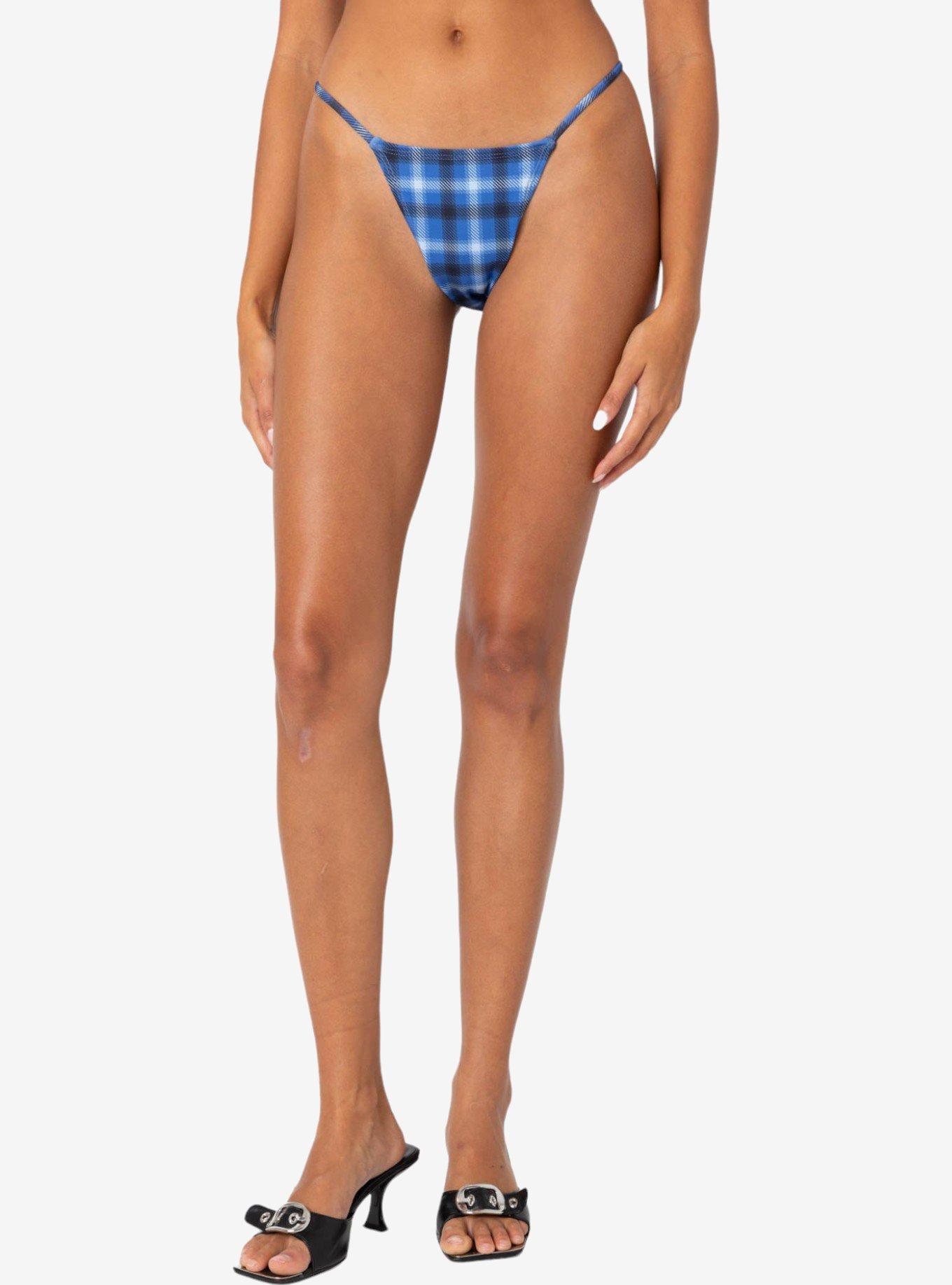 Edikted Preppy Plaid String Bikini Bottom, BLUE, alternate