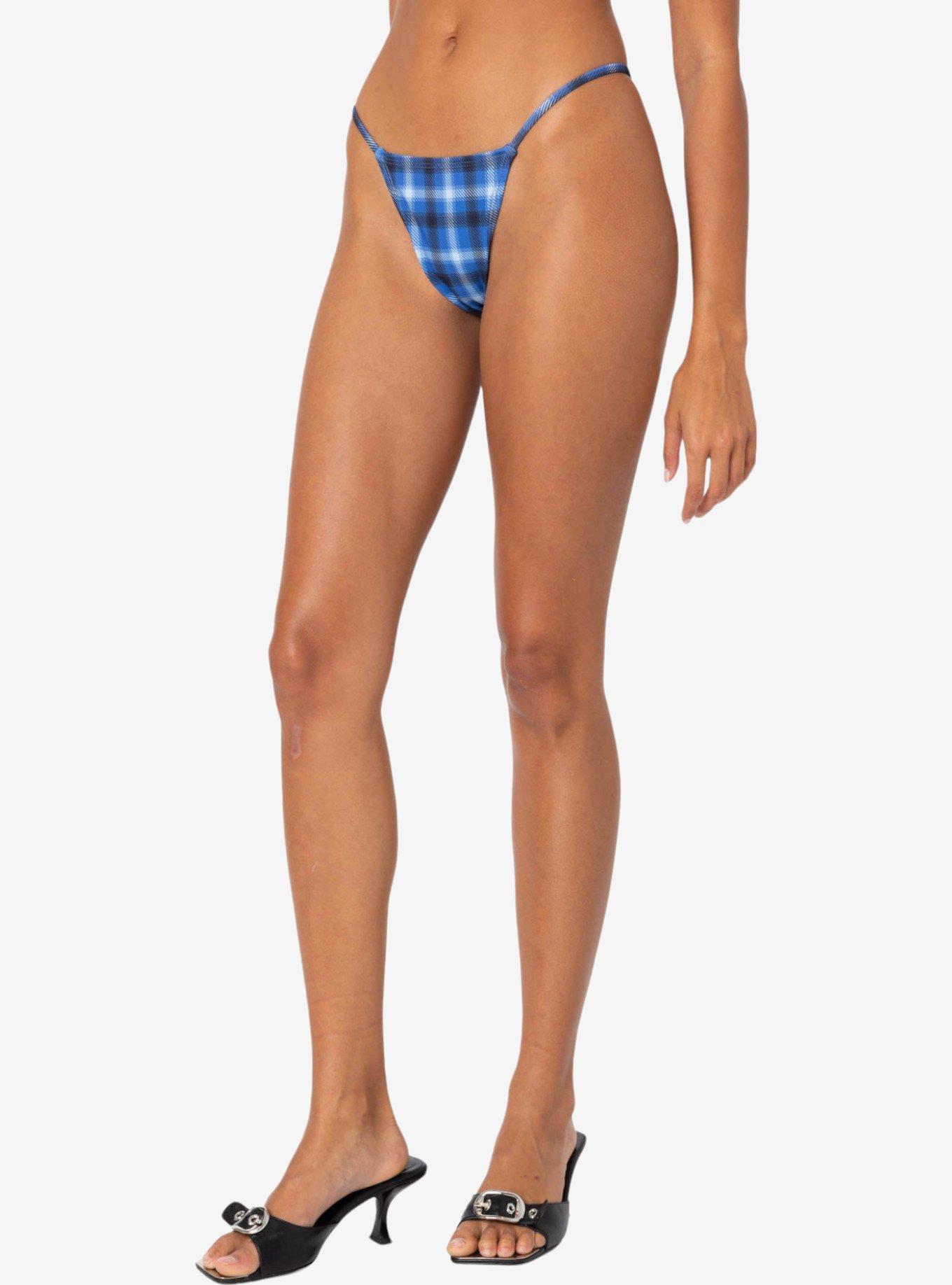 Edikted Preppy Plaid String Bikini Bottom, BLUE, alternate