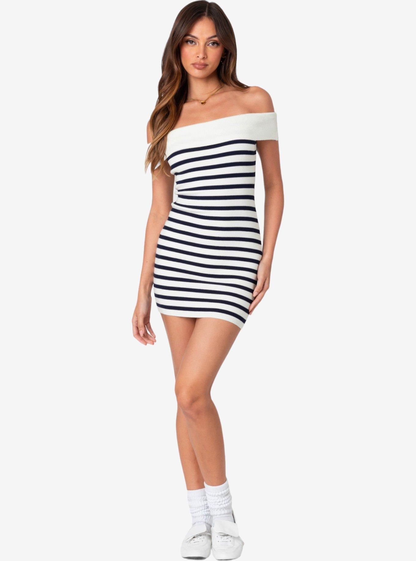 Edikted Striped Fold Over Knit Mini Dress, IVORY, alternate
