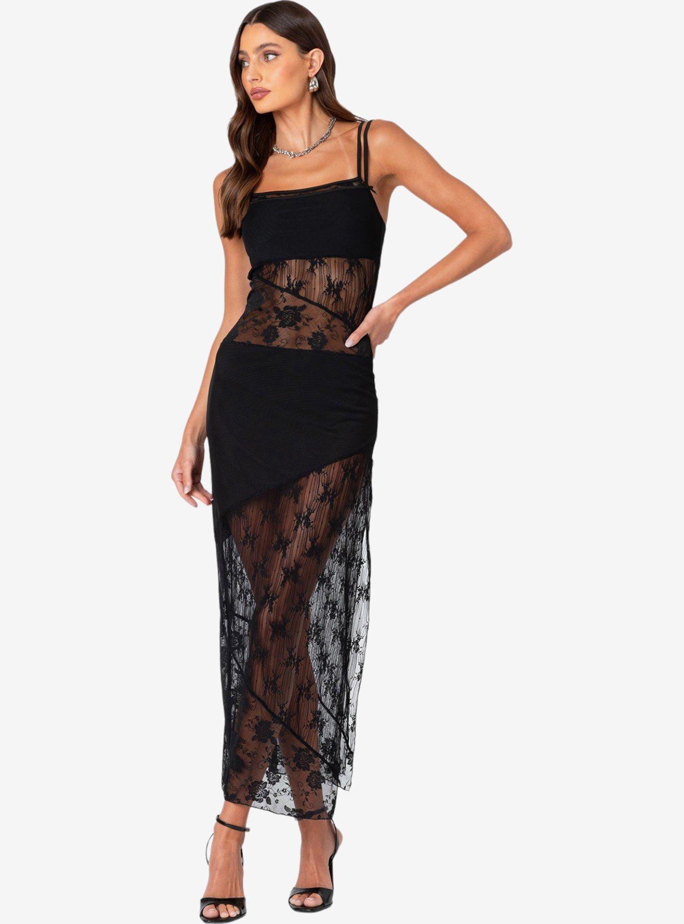 Edikted Sheer Mesh And Lace Patchwork Maxi Dress, BLACK, alternate