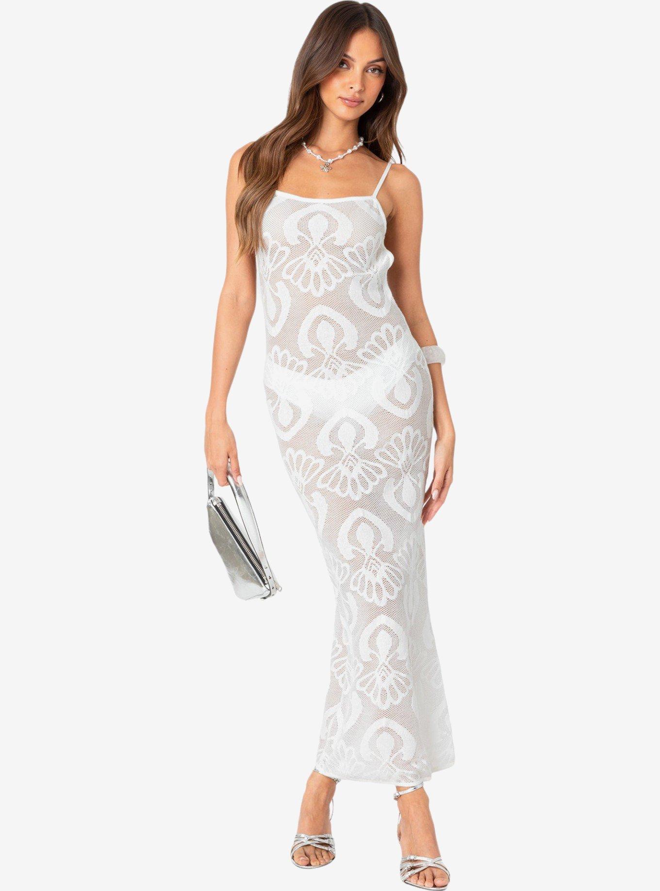 Edikted Embroidered Backless Sheer Knit Maxi Dress, IVORY, alternate