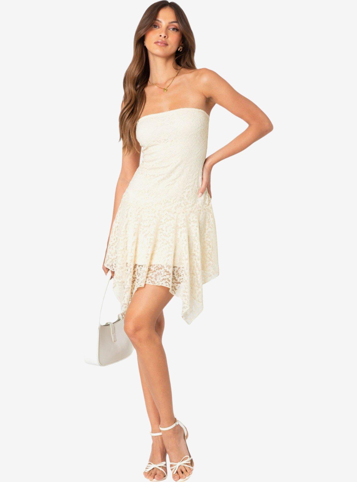 Edikted Sandia Asymmetric Lace Mini Dress, BEIGE, alternate