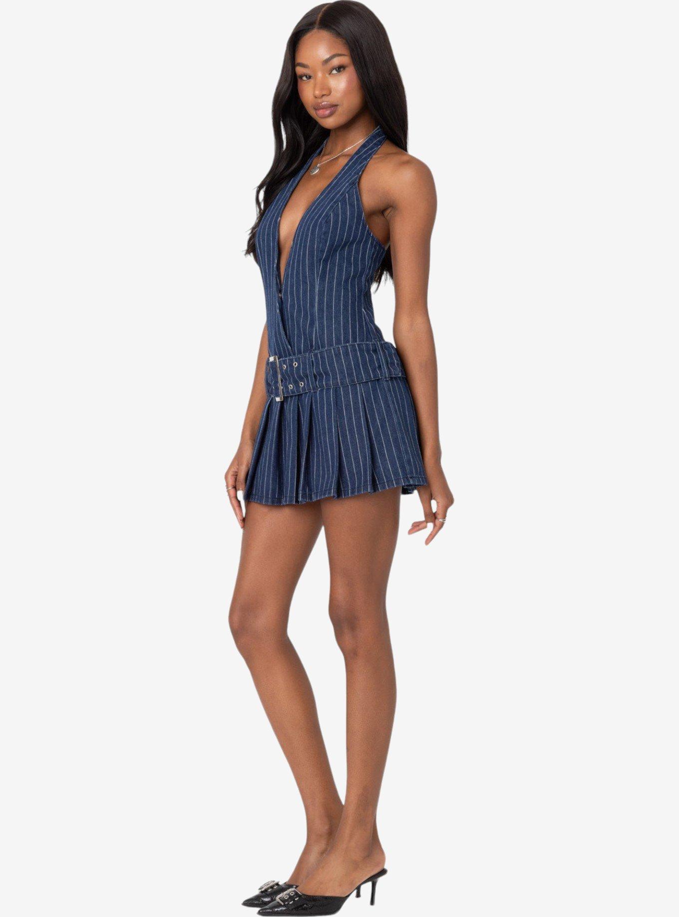 Edikted Belted Pinstripe Denim Mini Dress, BLUE, alternate