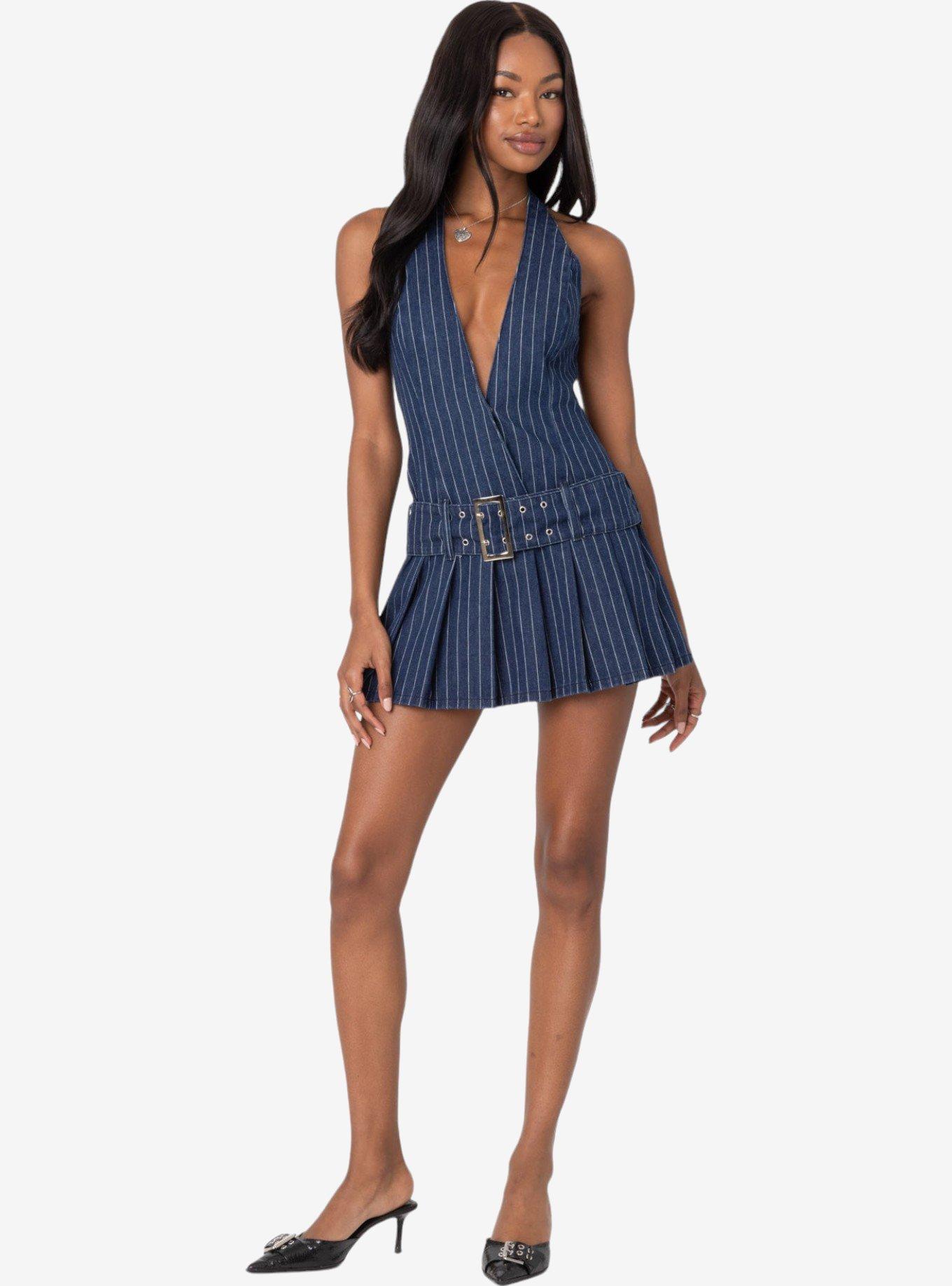 Edikted Belted Pinstripe Denim Mini Dress, BLUE, alternate