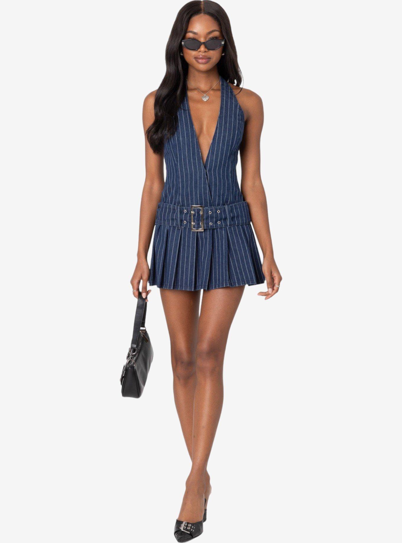 Edikted Belted Pinstripe Denim Mini Dress, BLUE, alternate