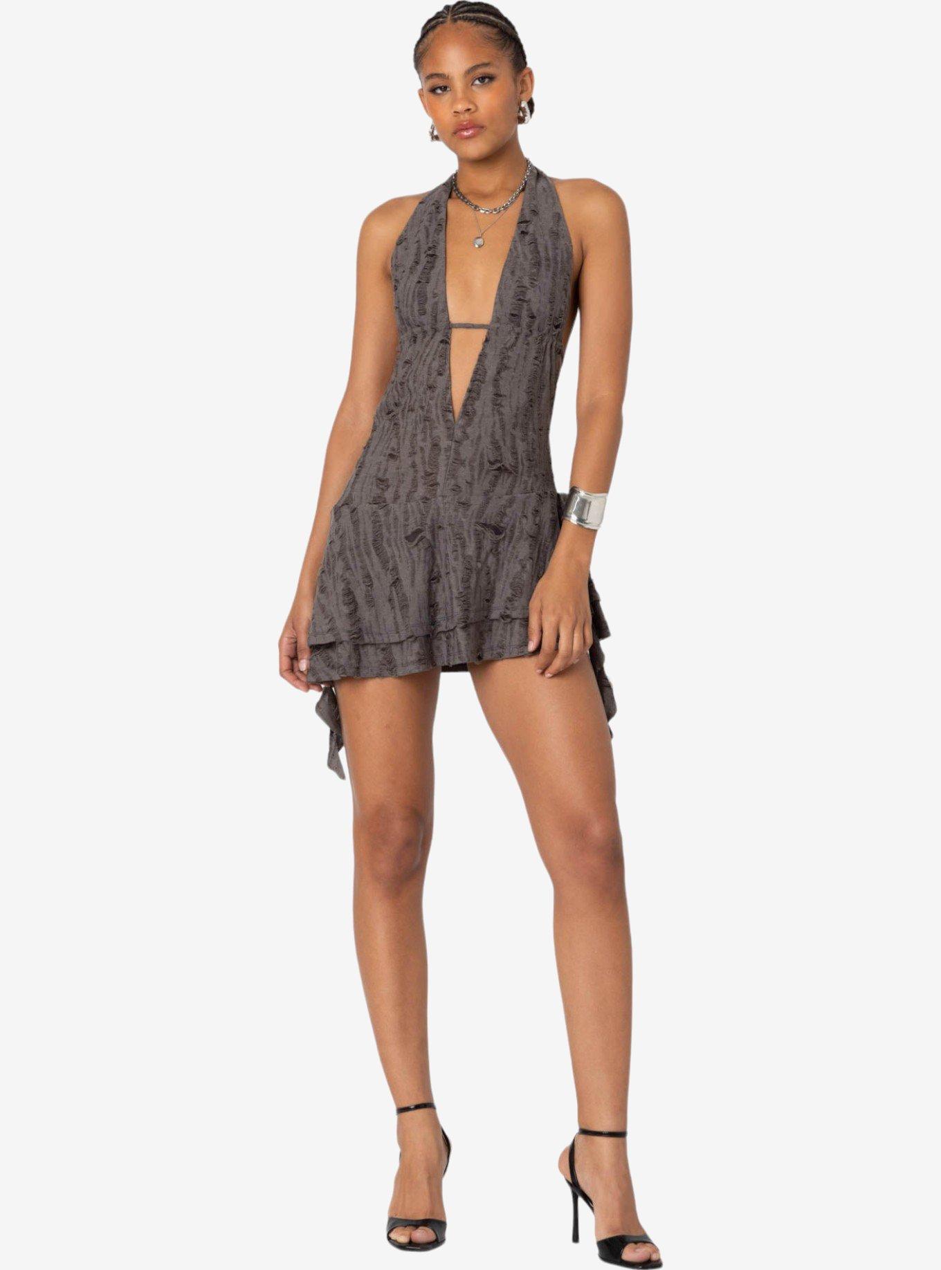 Edikted Shredded Backless Halter Mini Dress, BROWN, alternate