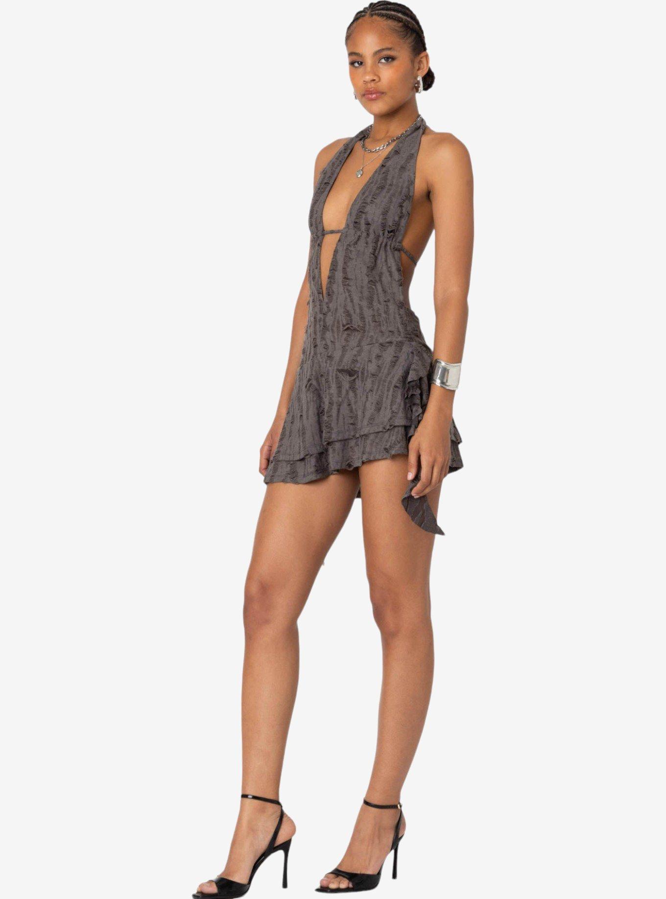 Edikted Shredded Backless Halter Mini Dress, BROWN, alternate