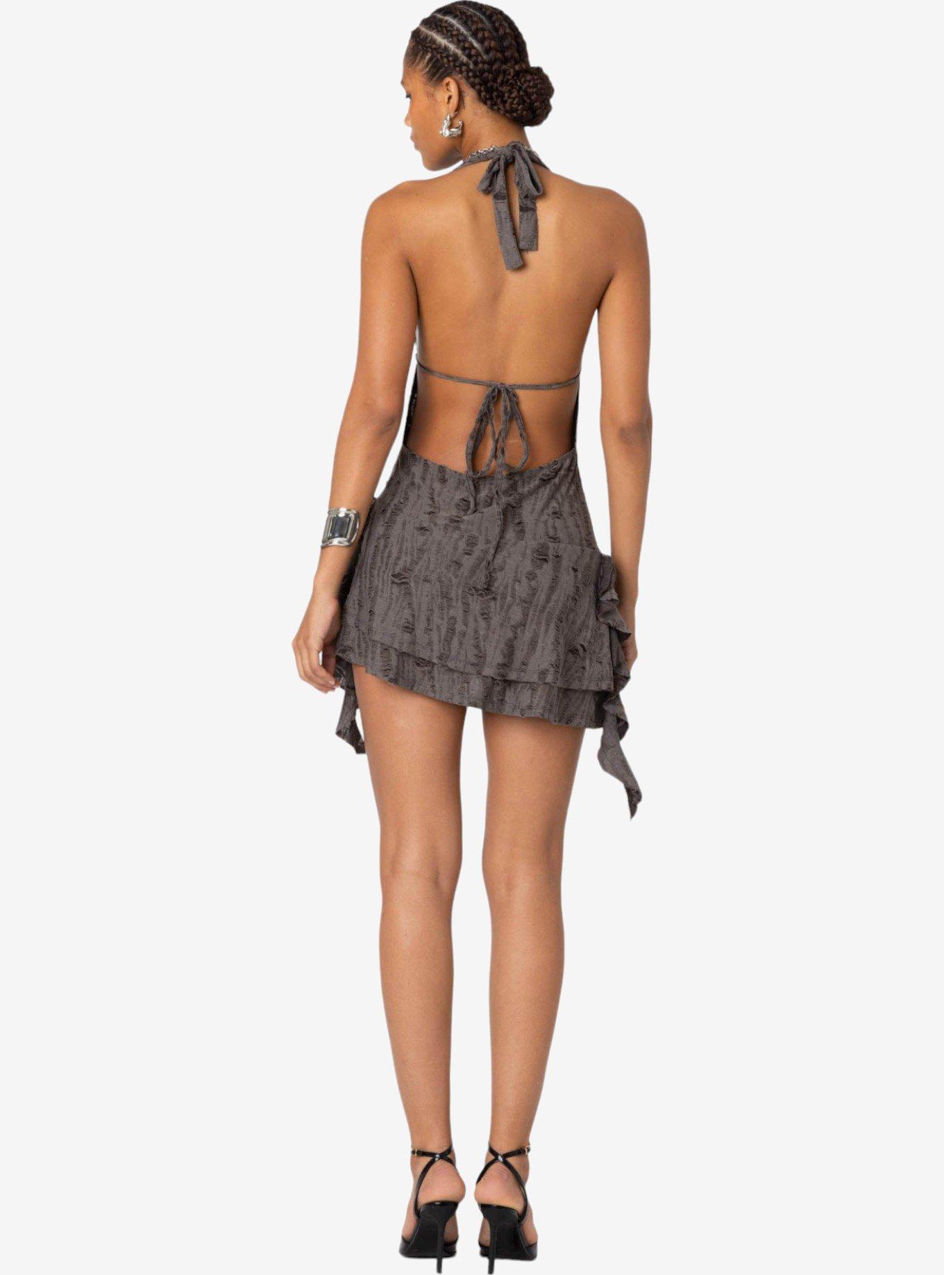 Edikted Shredded Backless Halter Mini Dress, BROWN, alternate