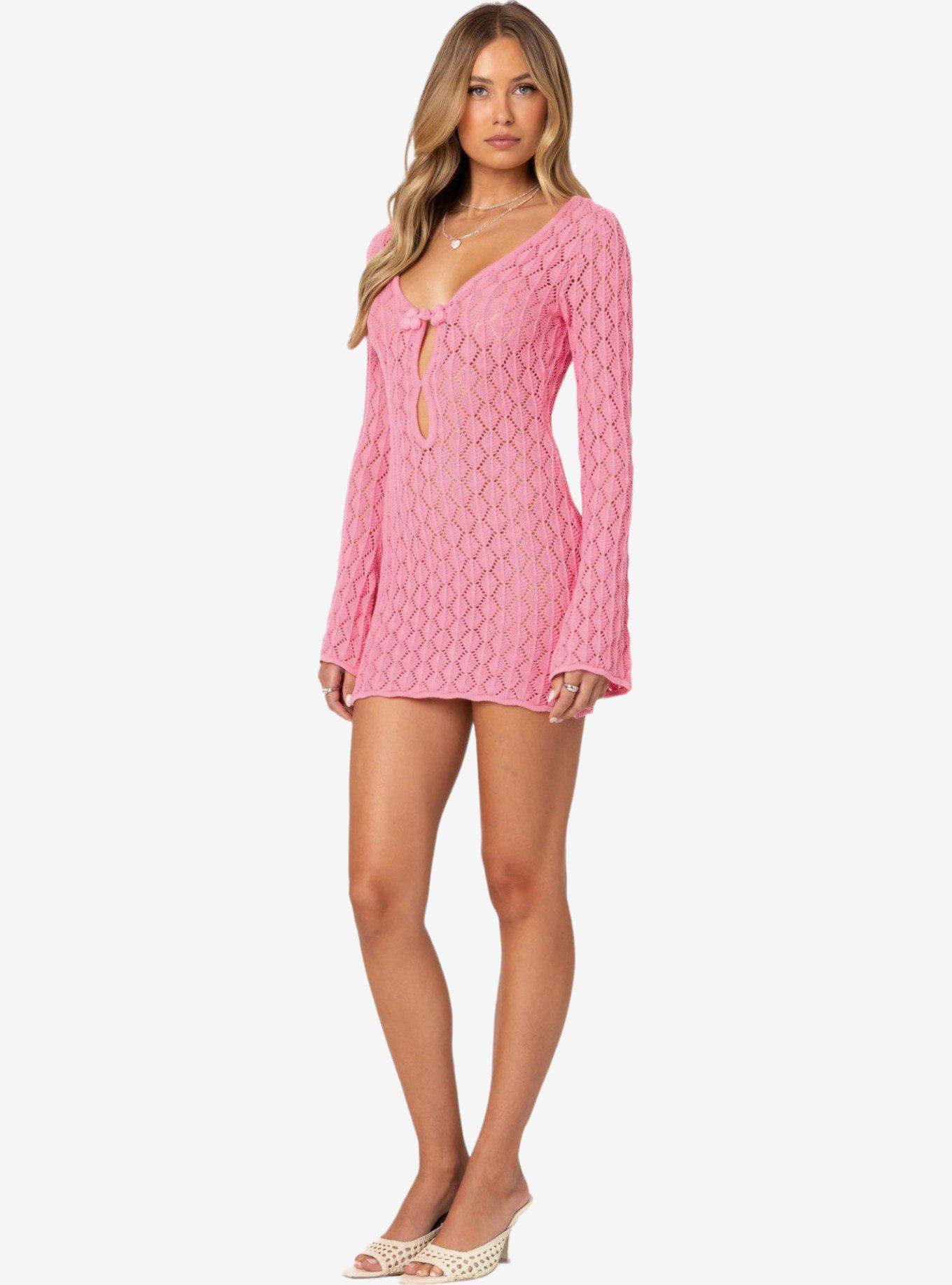 Edikted Brie Cut Out Crochet Mini Dress, PINK, alternate