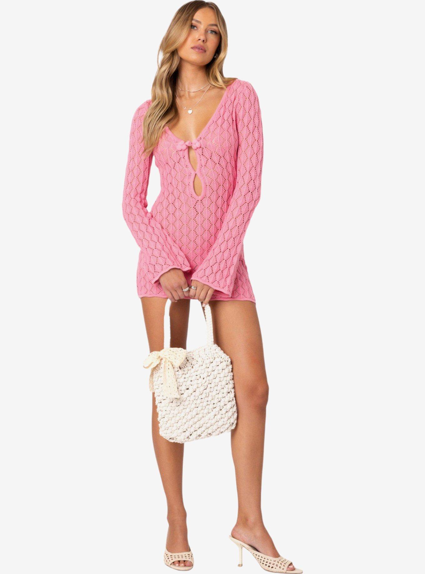 Edikted Brie Cut Out Crochet Mini Dress, PINK, alternate