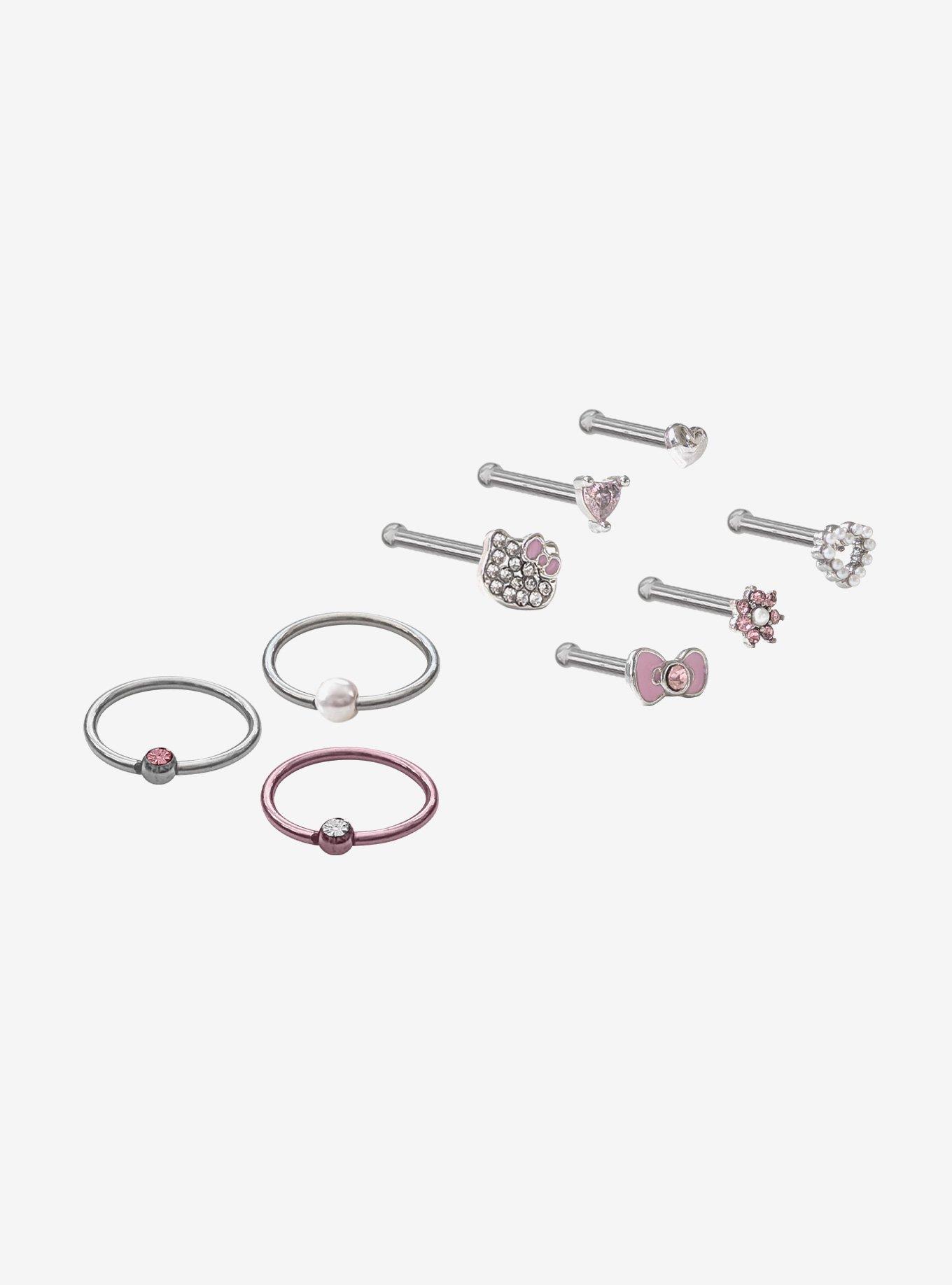 Hello Kitty Steel Silver Icons Nose Stud & Hoop 9 Pack, , hi-res