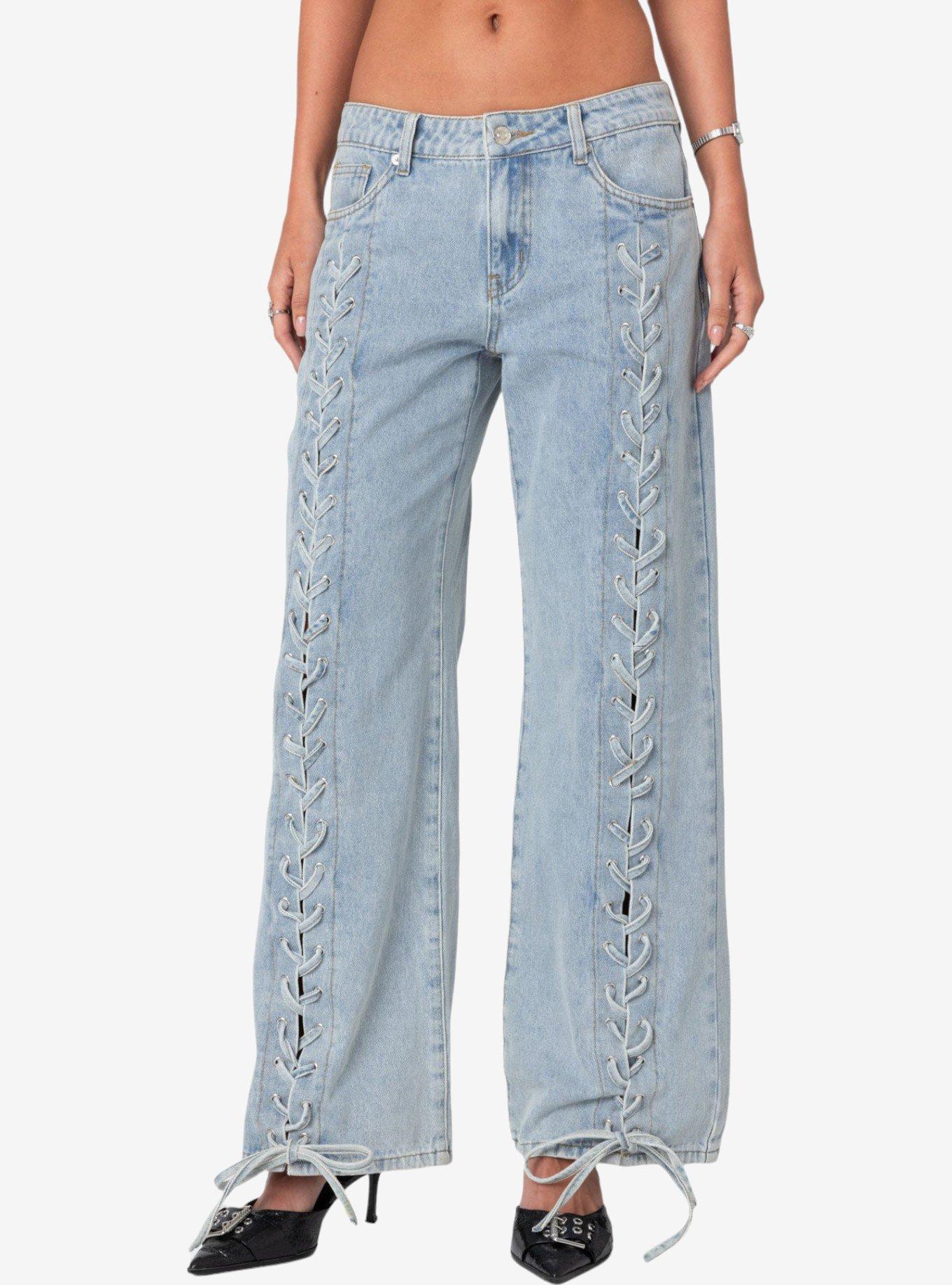 Edikted Laced Up Low Rise Jeans, BLUE, alternate