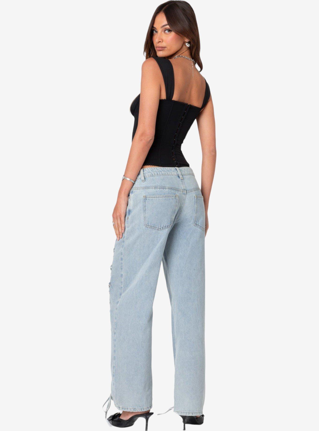 Edikted Laced Up Low Rise Jeans, BLUE, alternate