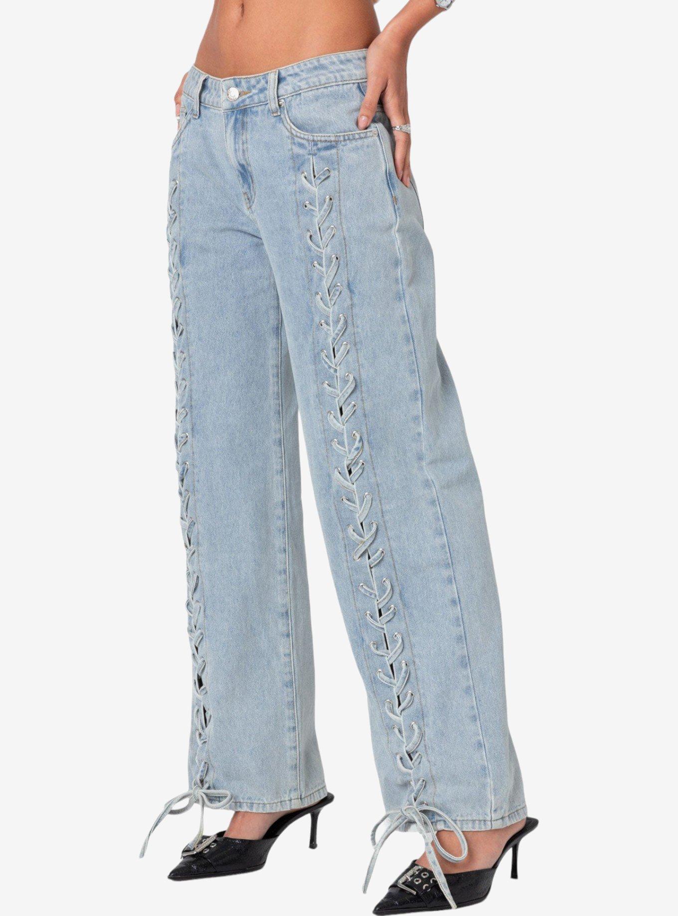 Edikted Laced Up Low Rise Jeans, BLUE, alternate