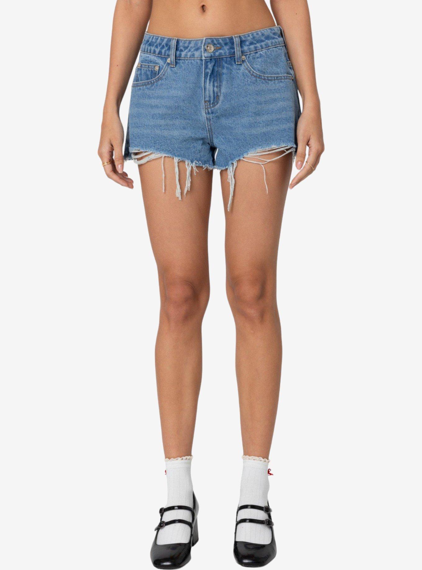 Edikted Fern Mid Rise Denim Shorts, BLUE, alternate