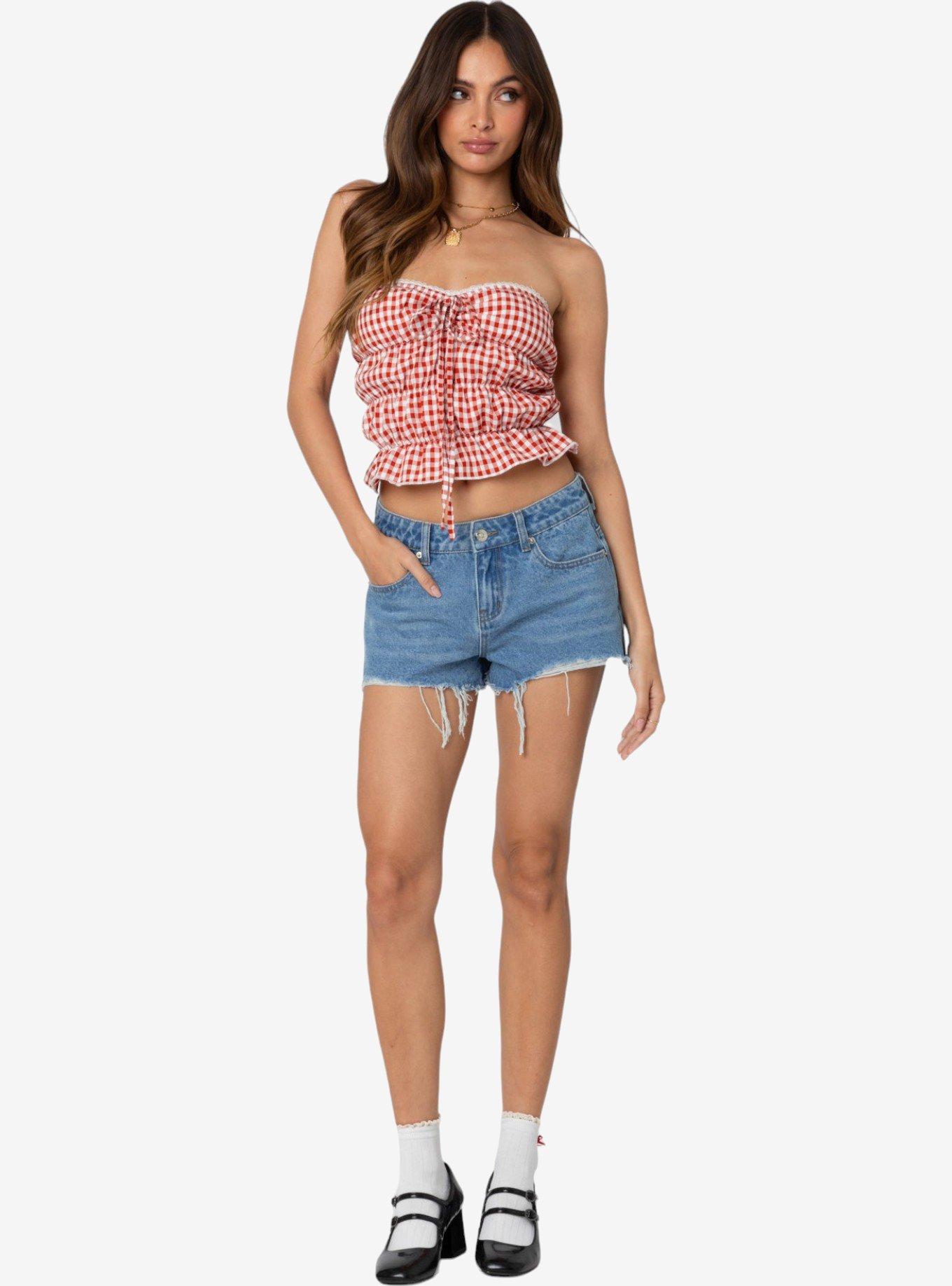 Edikted Fern Mid Rise Denim Shorts, BLUE, alternate