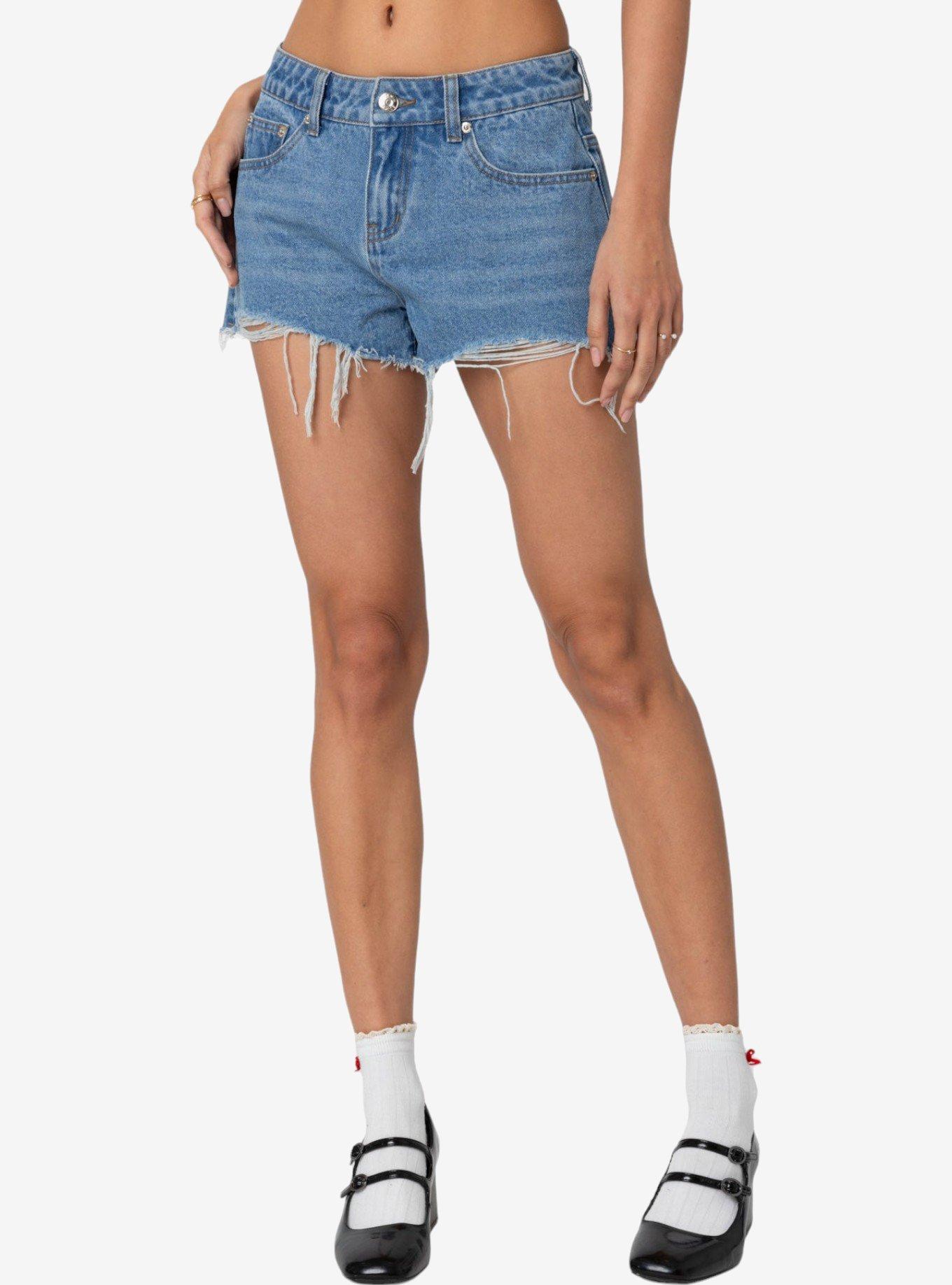 Edikted Fern Mid Rise Denim Shorts, BLUE, alternate