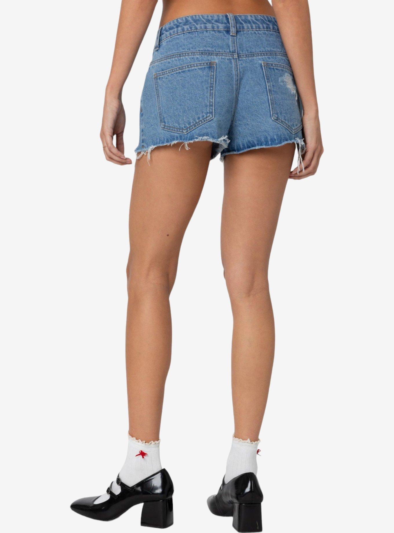 Edikted Fern Mid Rise Denim Shorts, BLUE, alternate