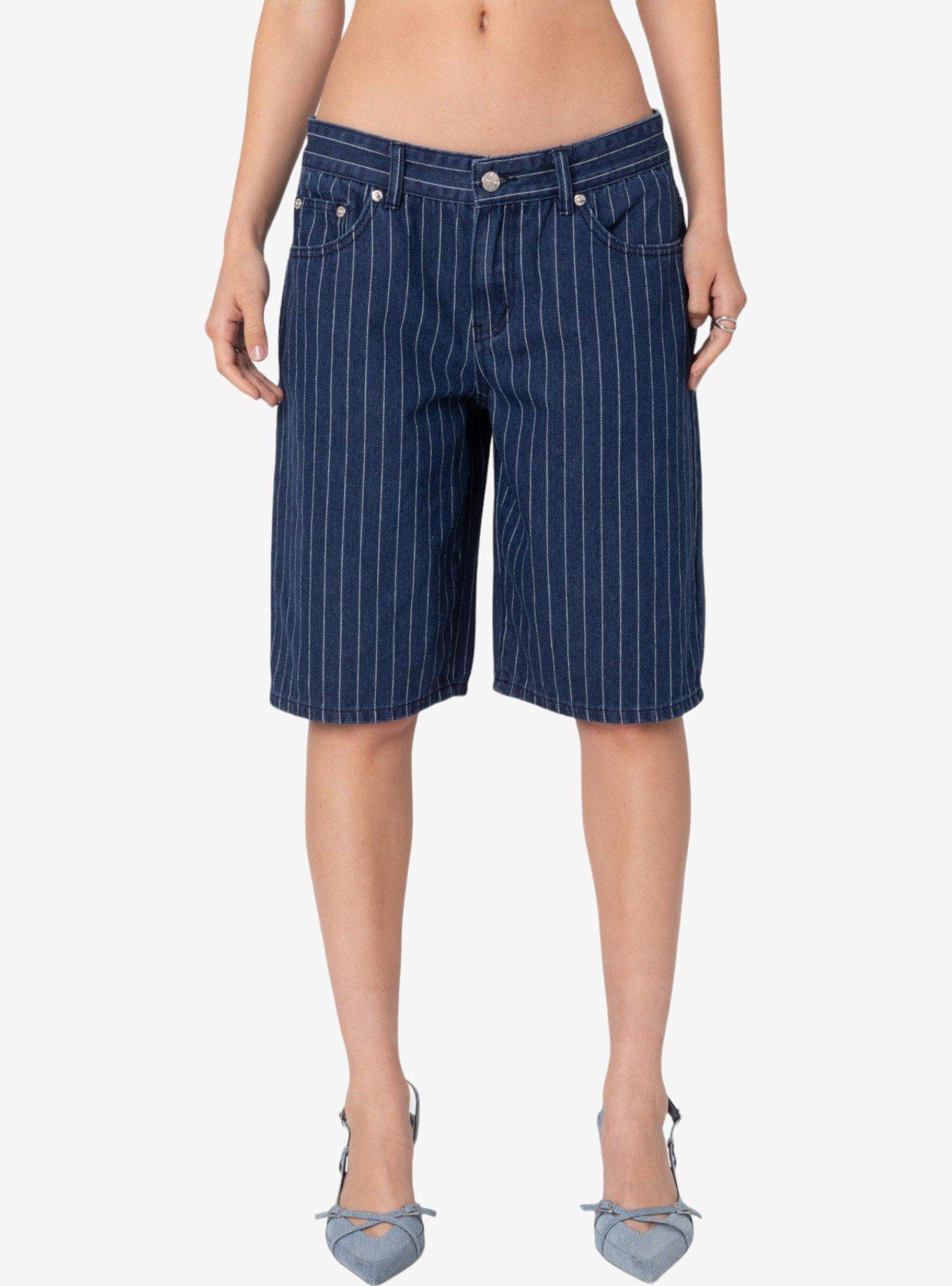 Edikted Pinstripe Denim Bermuda Shorts, BLUE, alternate