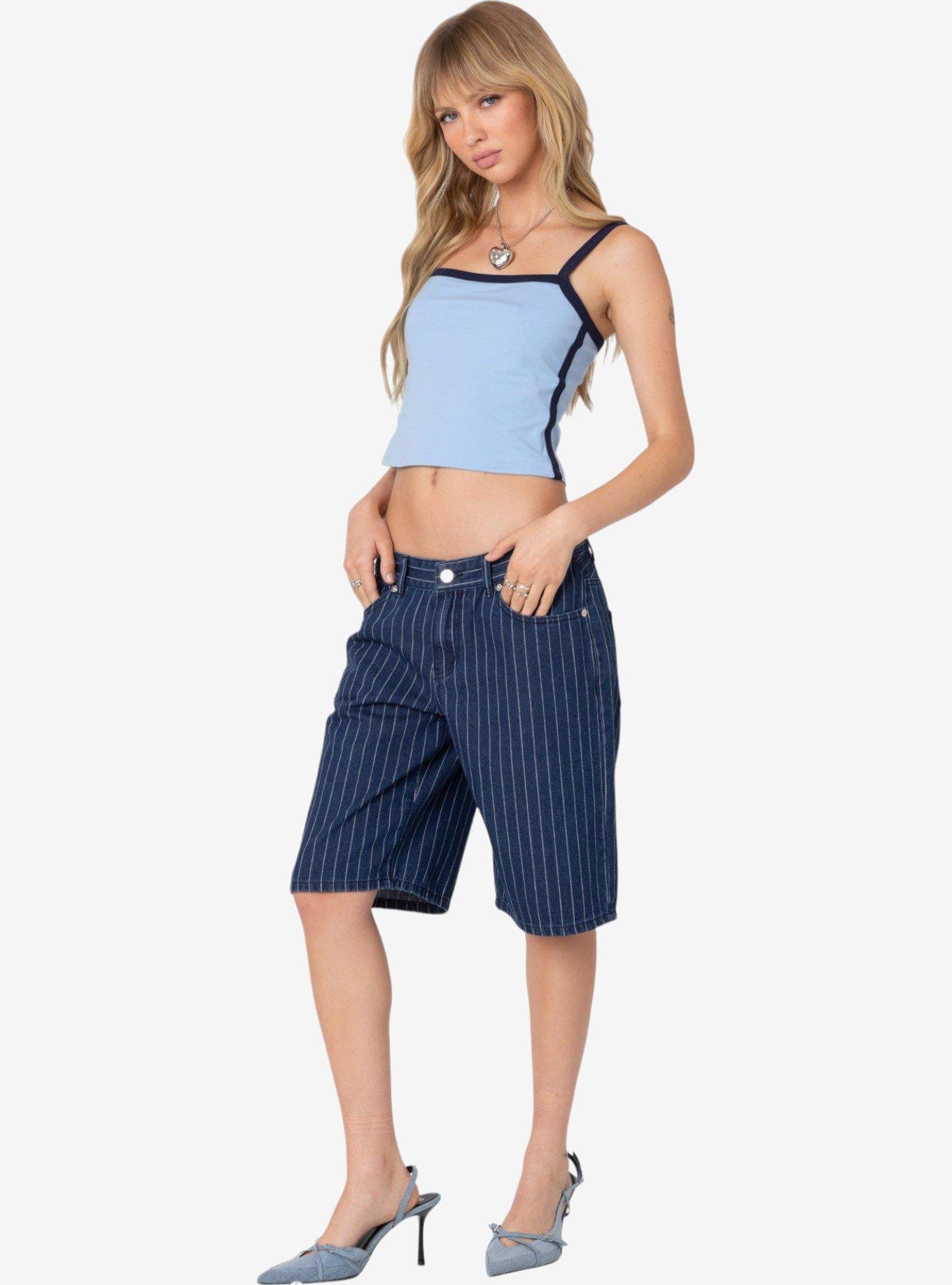Edikted Pinstripe Denim Bermuda Shorts, BLUE, alternate