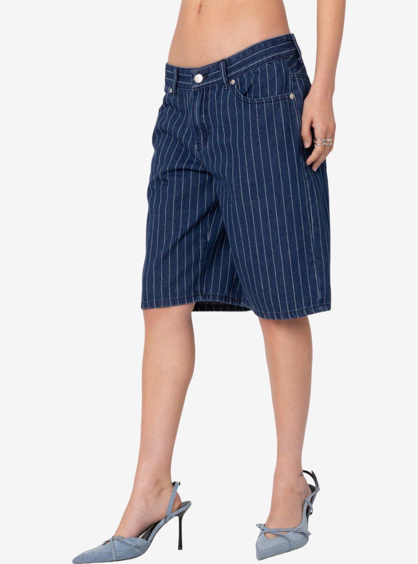 Edikted Pinstripe Denim Bermuda Shorts, BLUE, alternate