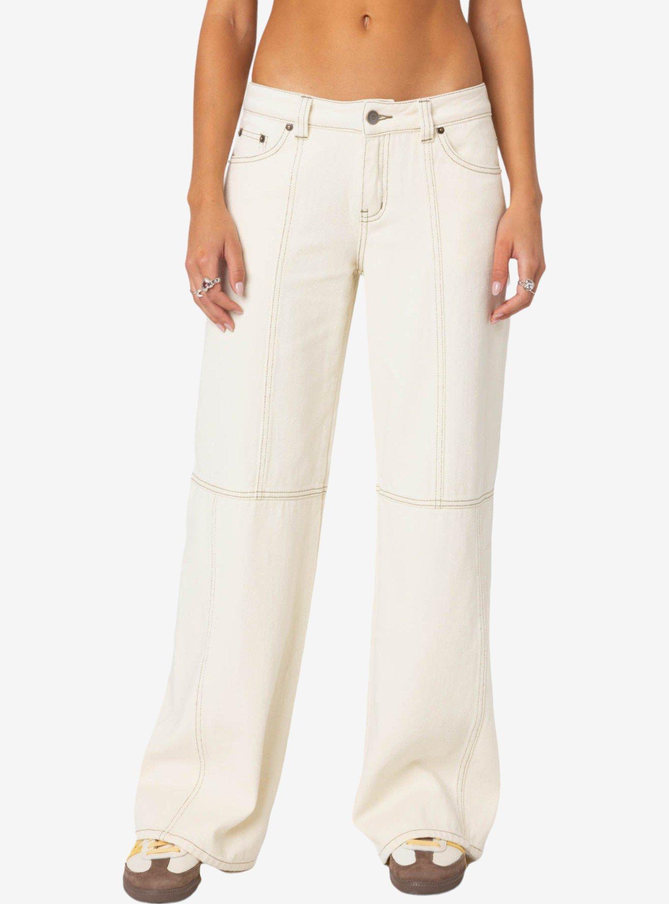 Edikted Contrast Stitch Low Rise Jeans, IVORY, alternate