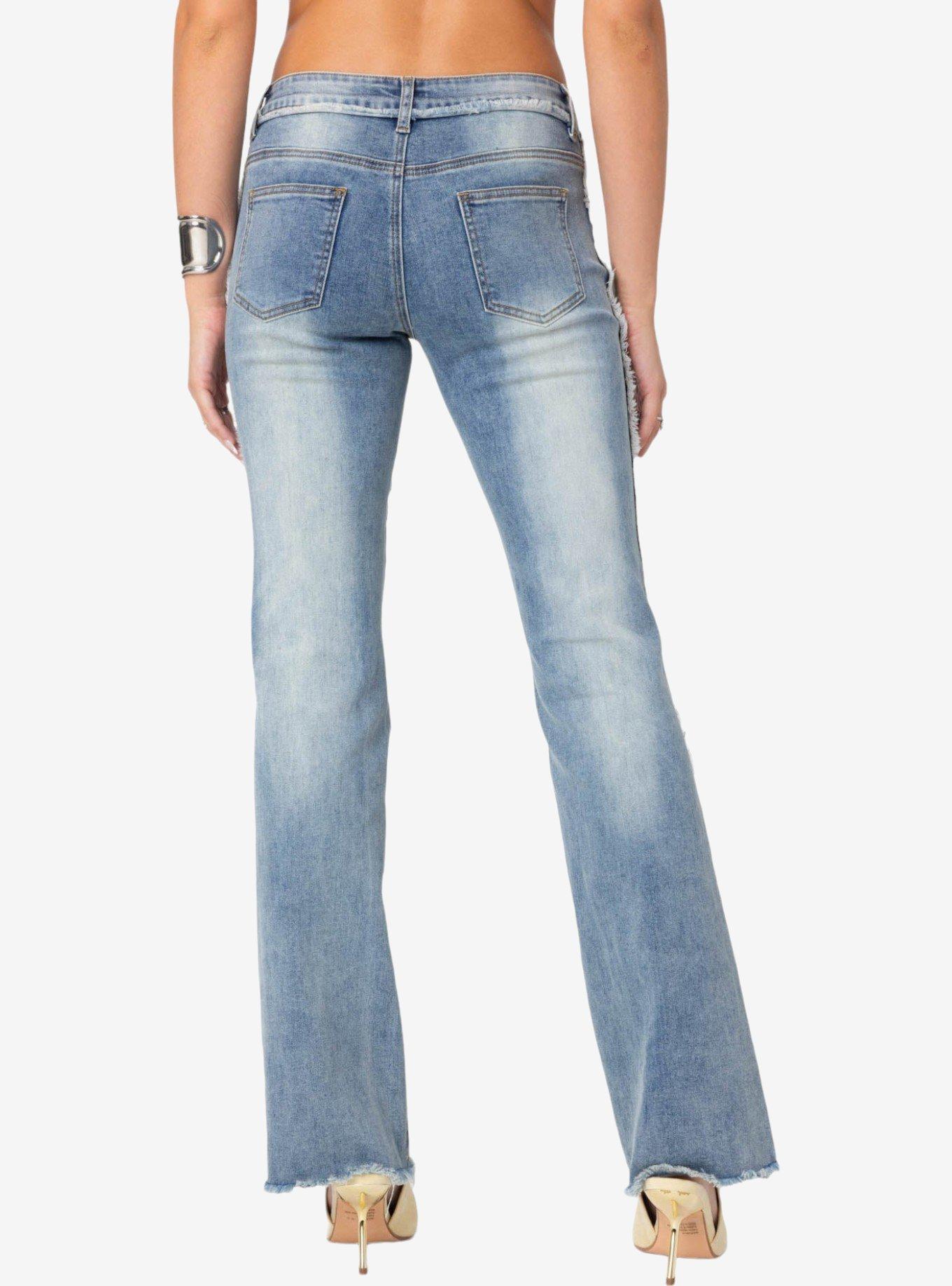 Edikted Frayed Seam Washed Flare Jeans, BLUE, alternate