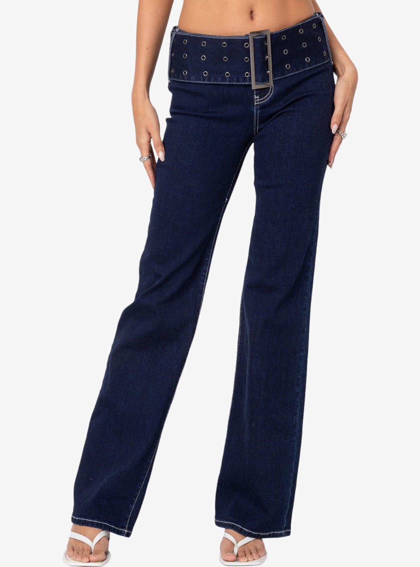 Edikted Buckle Belt Washed Flared Jeans, MULTI, alternate
