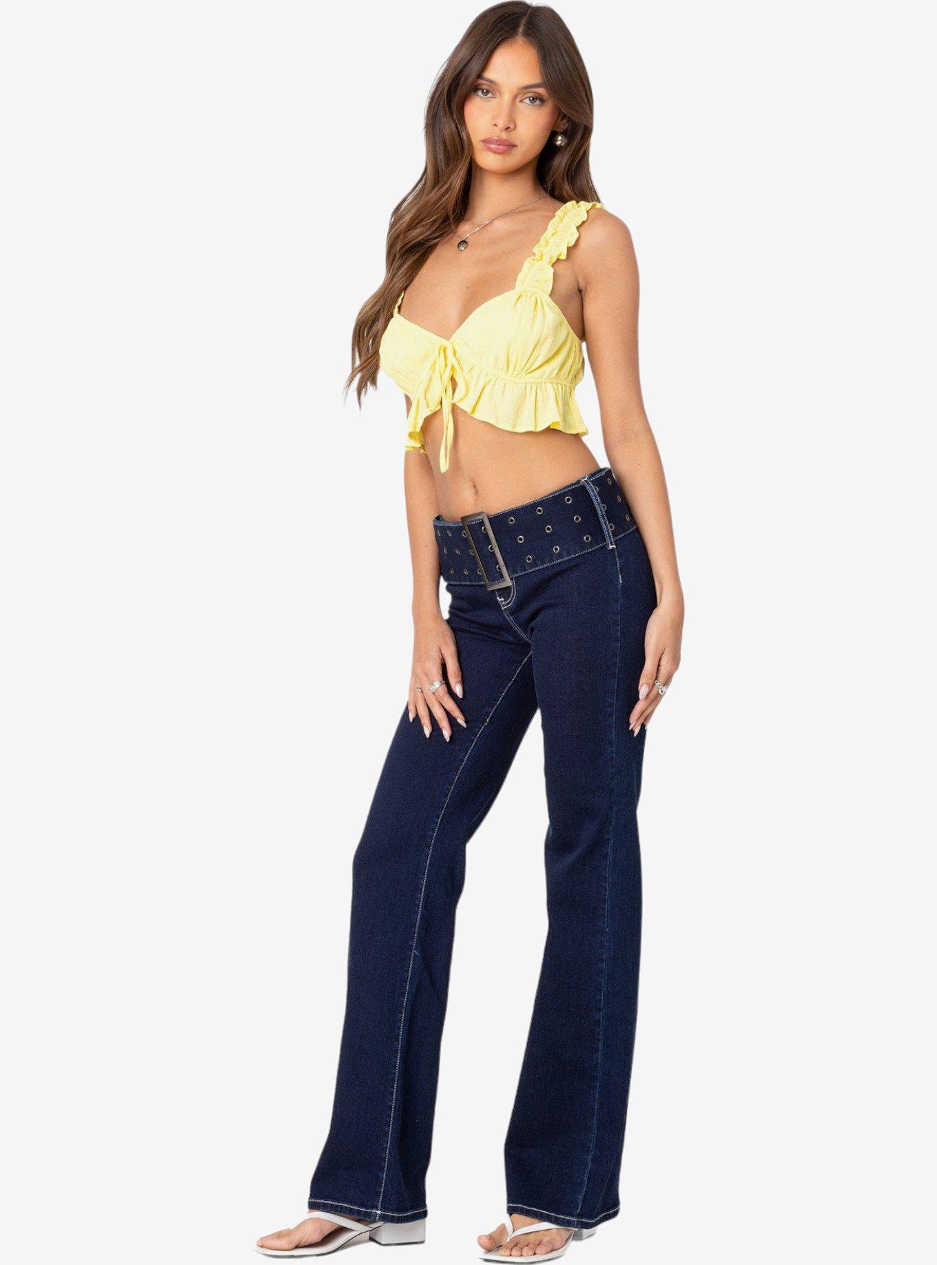 Edikted Buckle Belt Washed Flared Jeans, MULTI, alternate