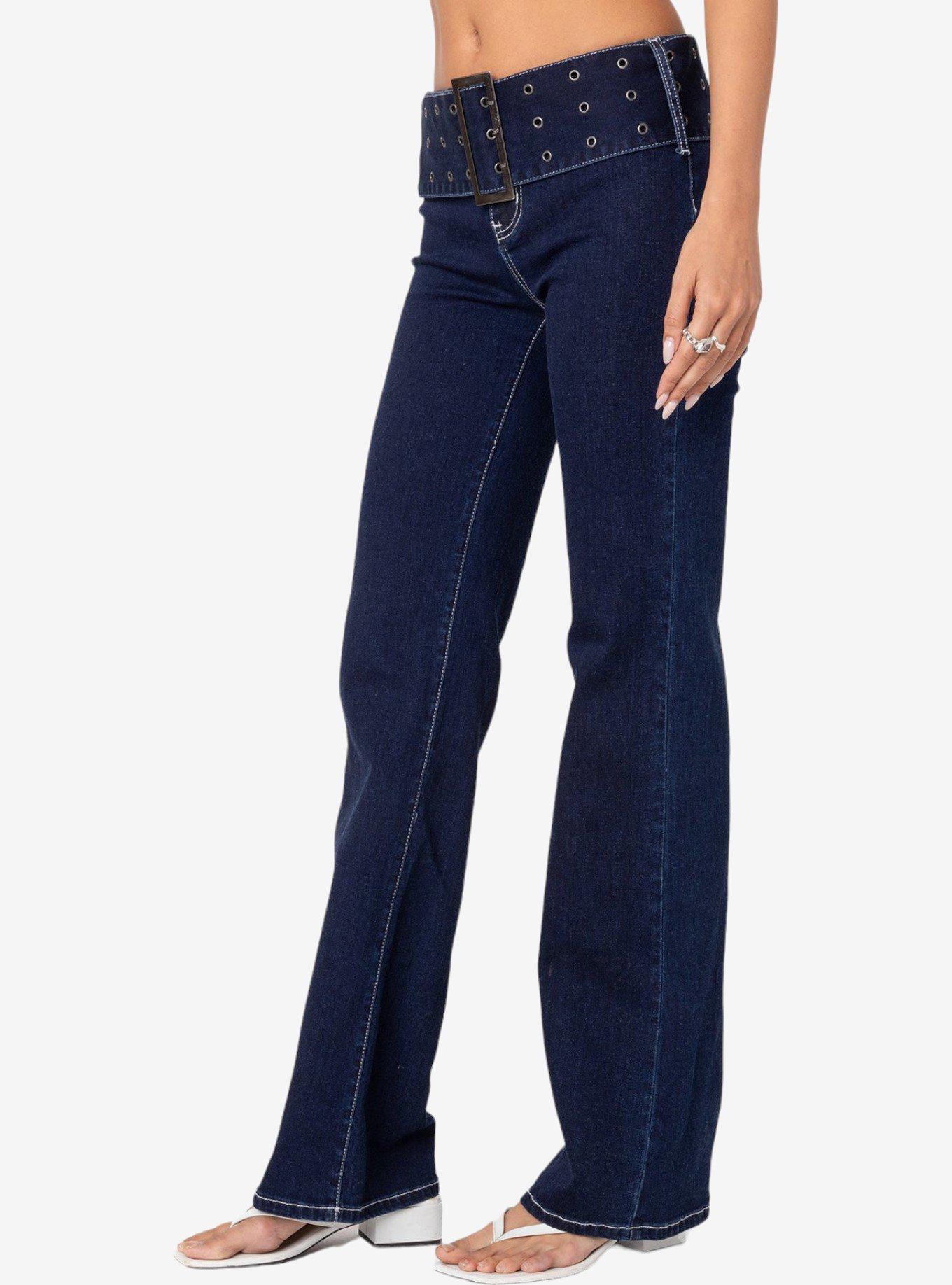 Edikted Buckle Belt Washed Flared Jeans, MULTI, alternate