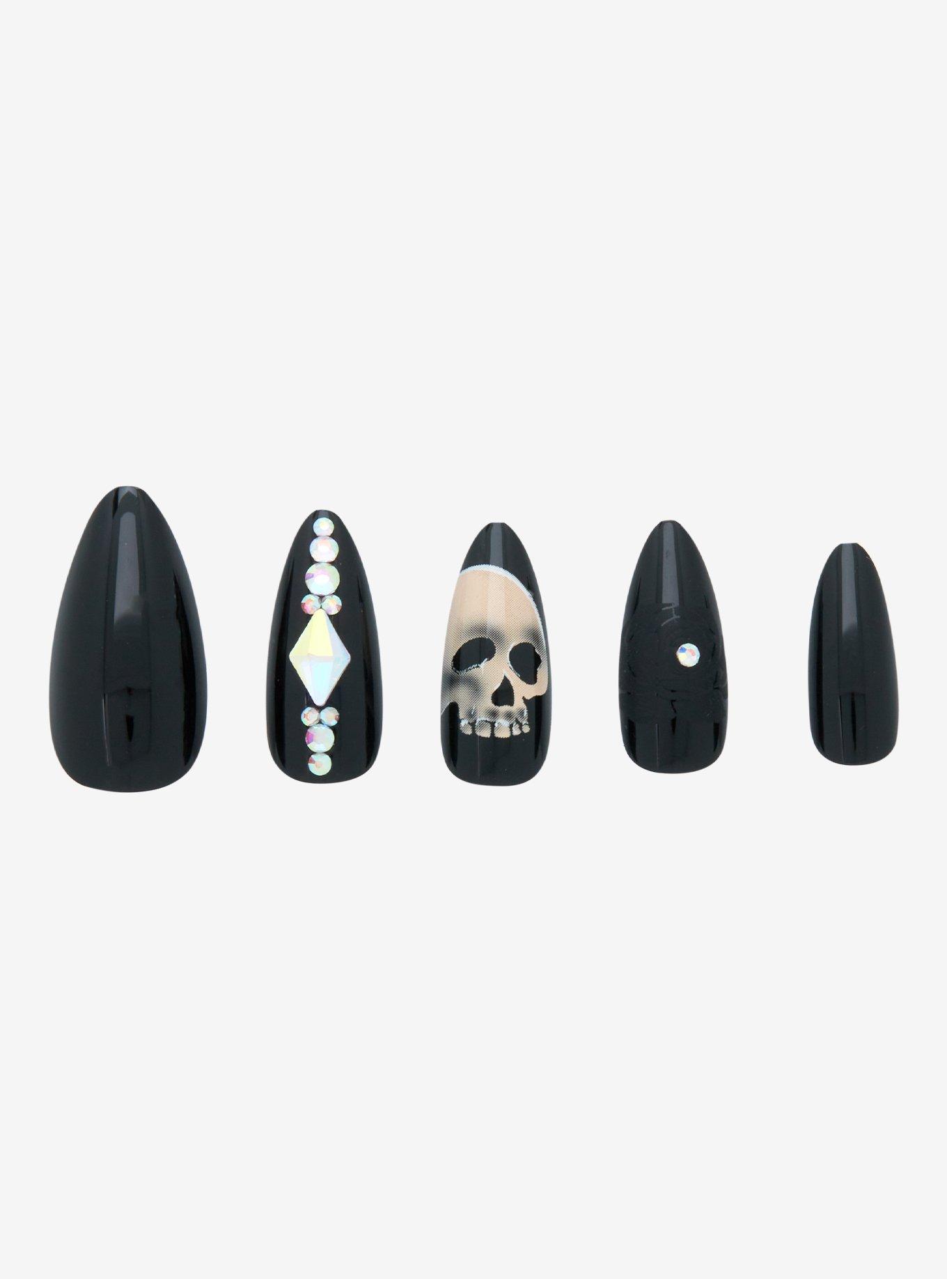 Blackheart Black Skull Rhinestone Press-On Nail Set, , alternate