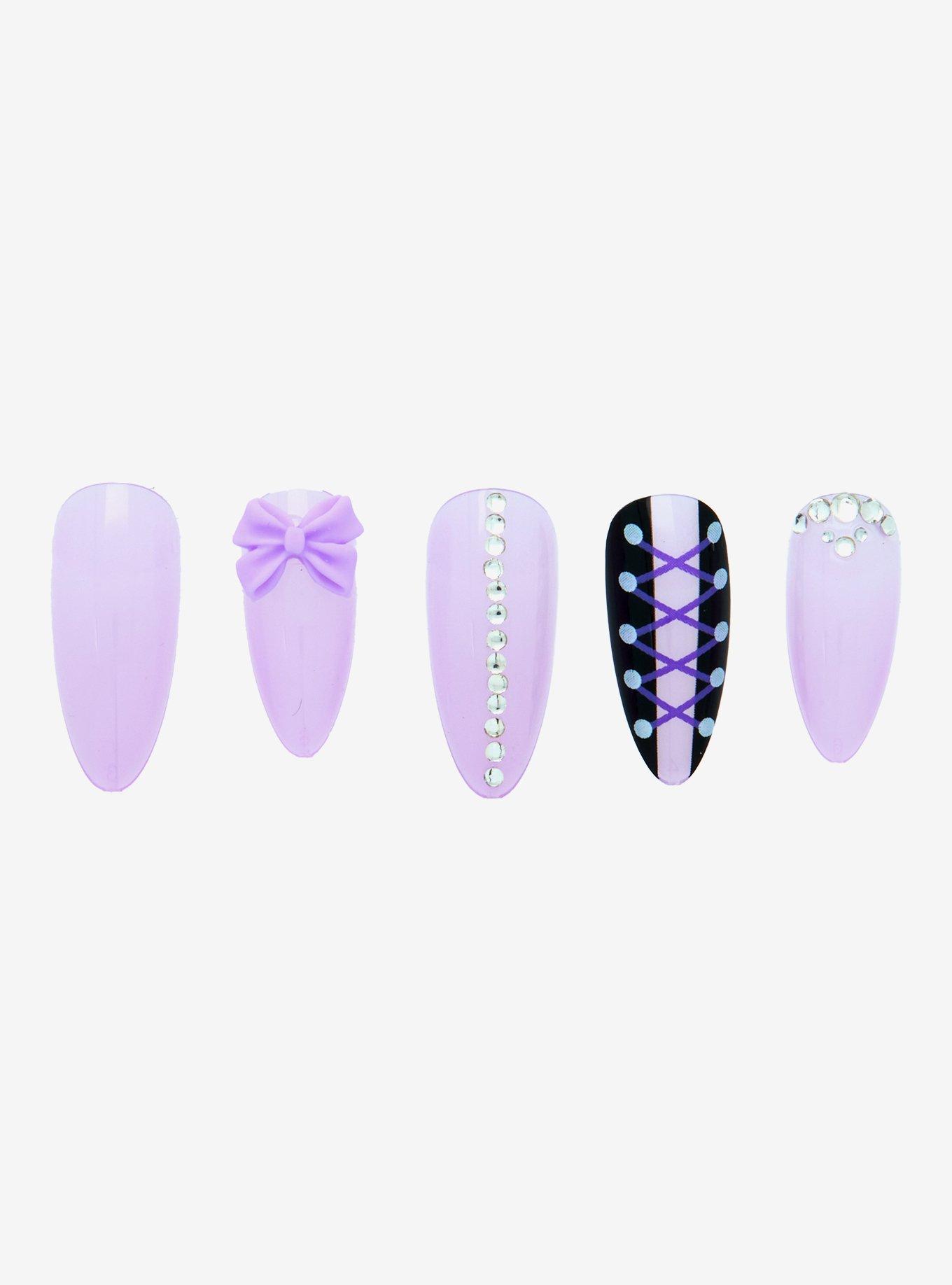 Blackheart Purple Bow Rhinestone Press-On Nail Set, , alternate