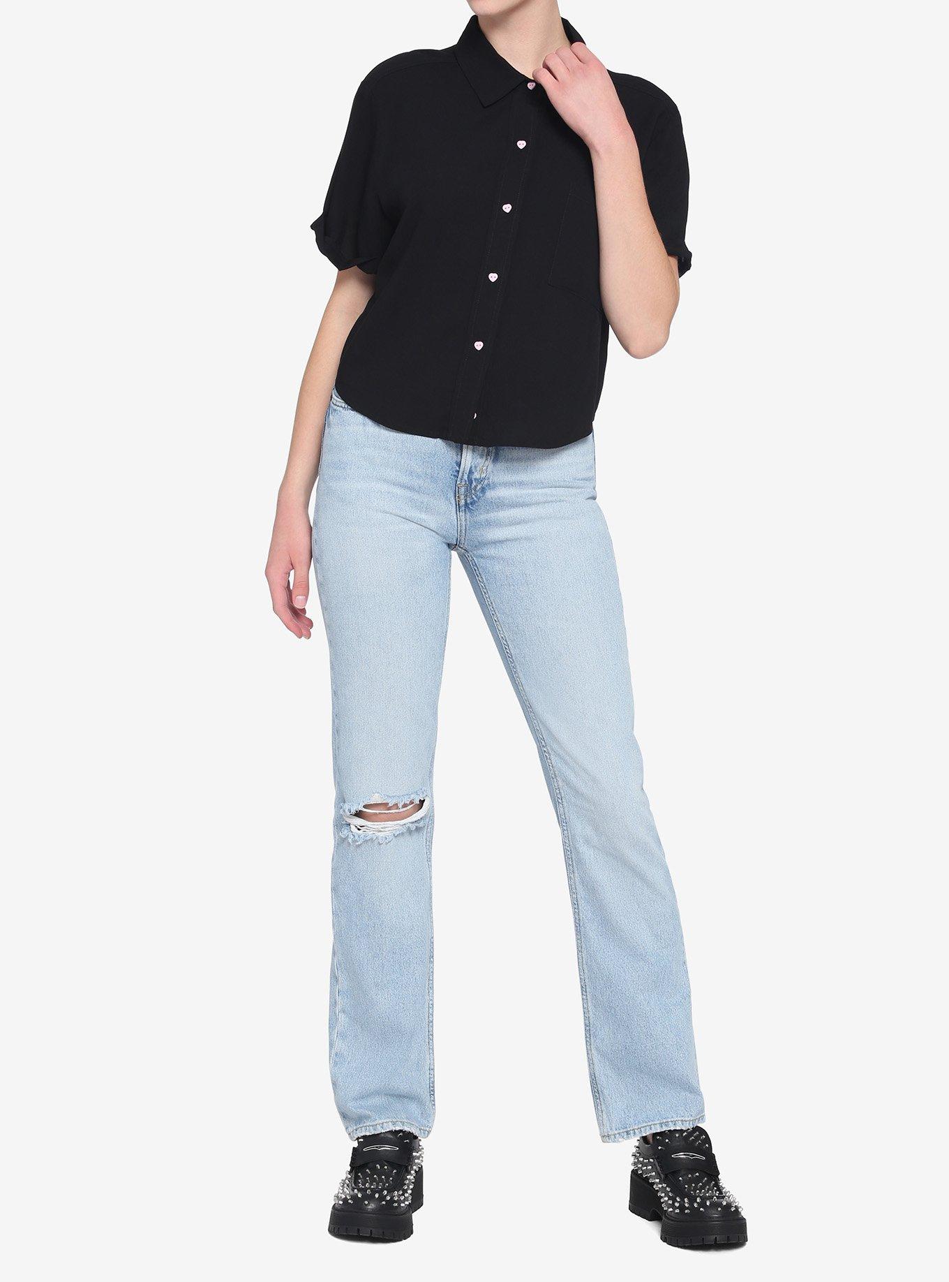 Black Boxy Heart Buttons Girls Crop Button-Up, , hi-res