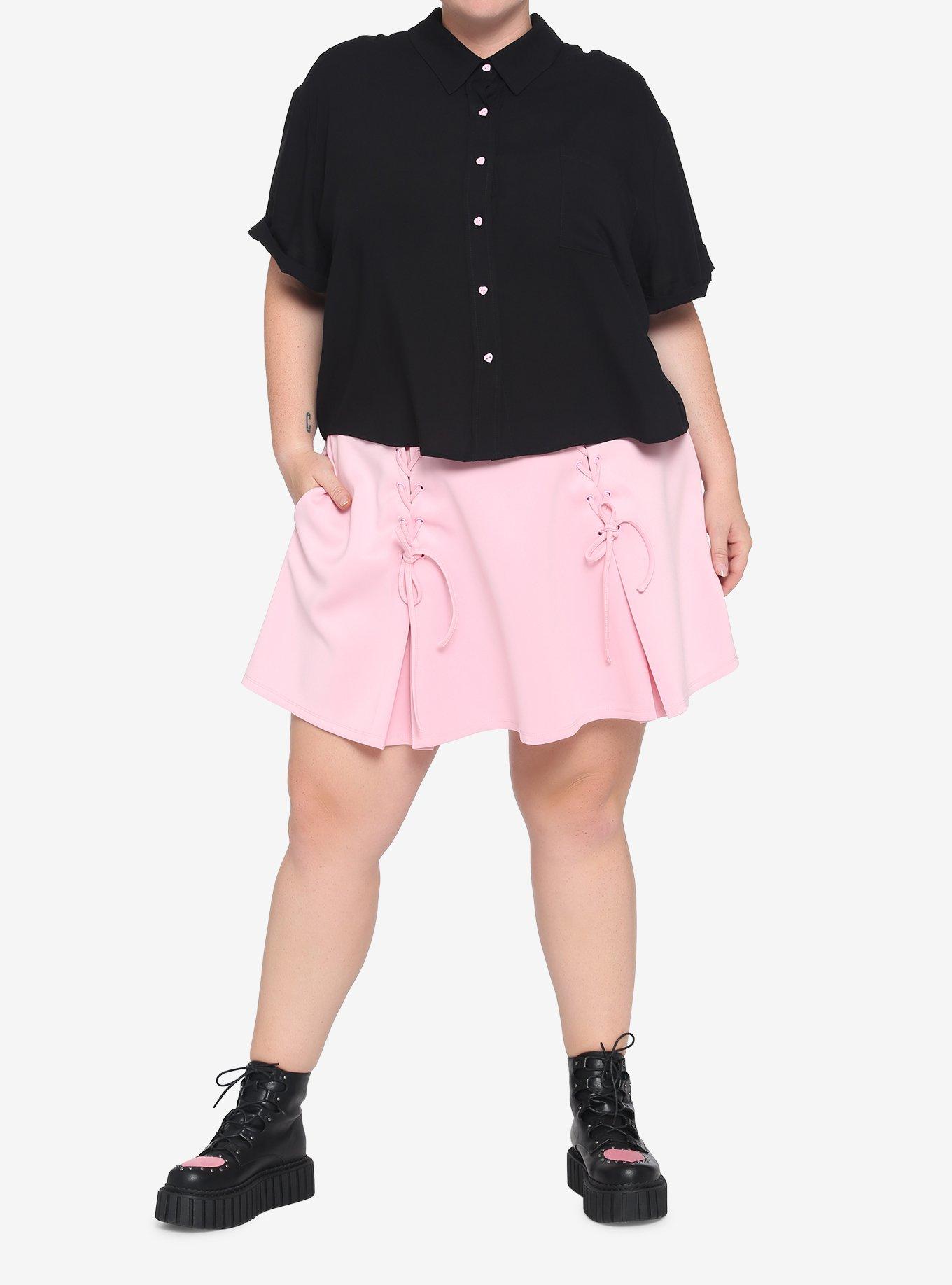 Black Boxy Heart Buttons Girls Crop Woven Button-Up Plus Size, , hi-res