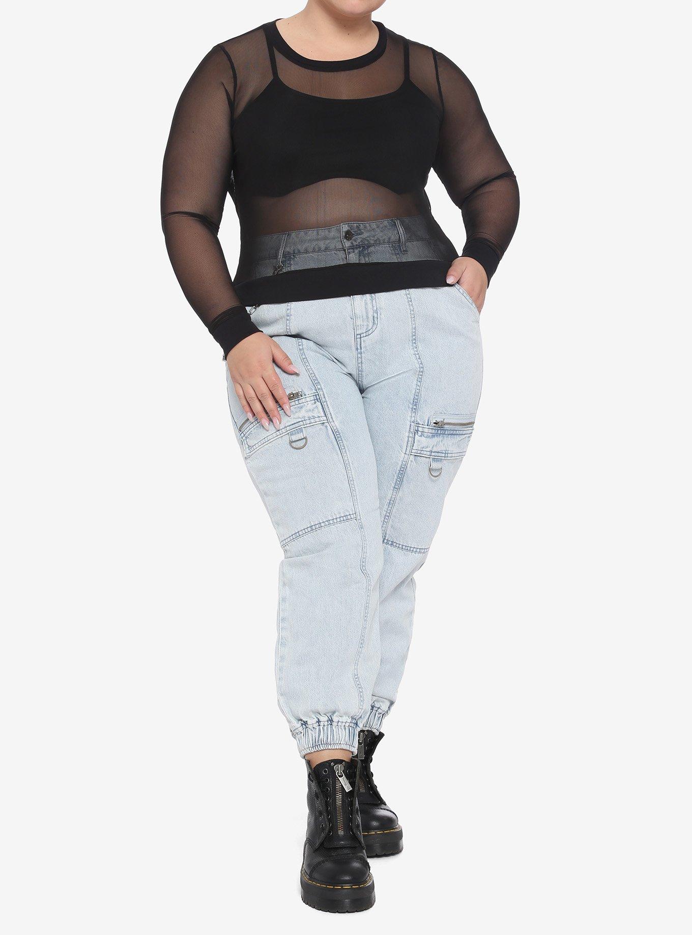 Black Mesh Layered Girls Crop Long-Sleeve Top Plus Size, , hi-res