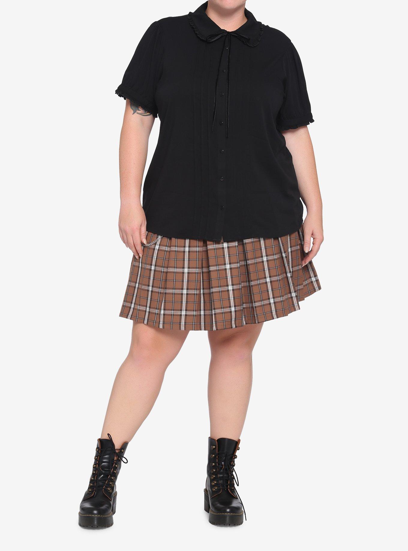 Black Puff Sleeve Tie-Front Girls Woven Button-Up Plus Size, , hi-res