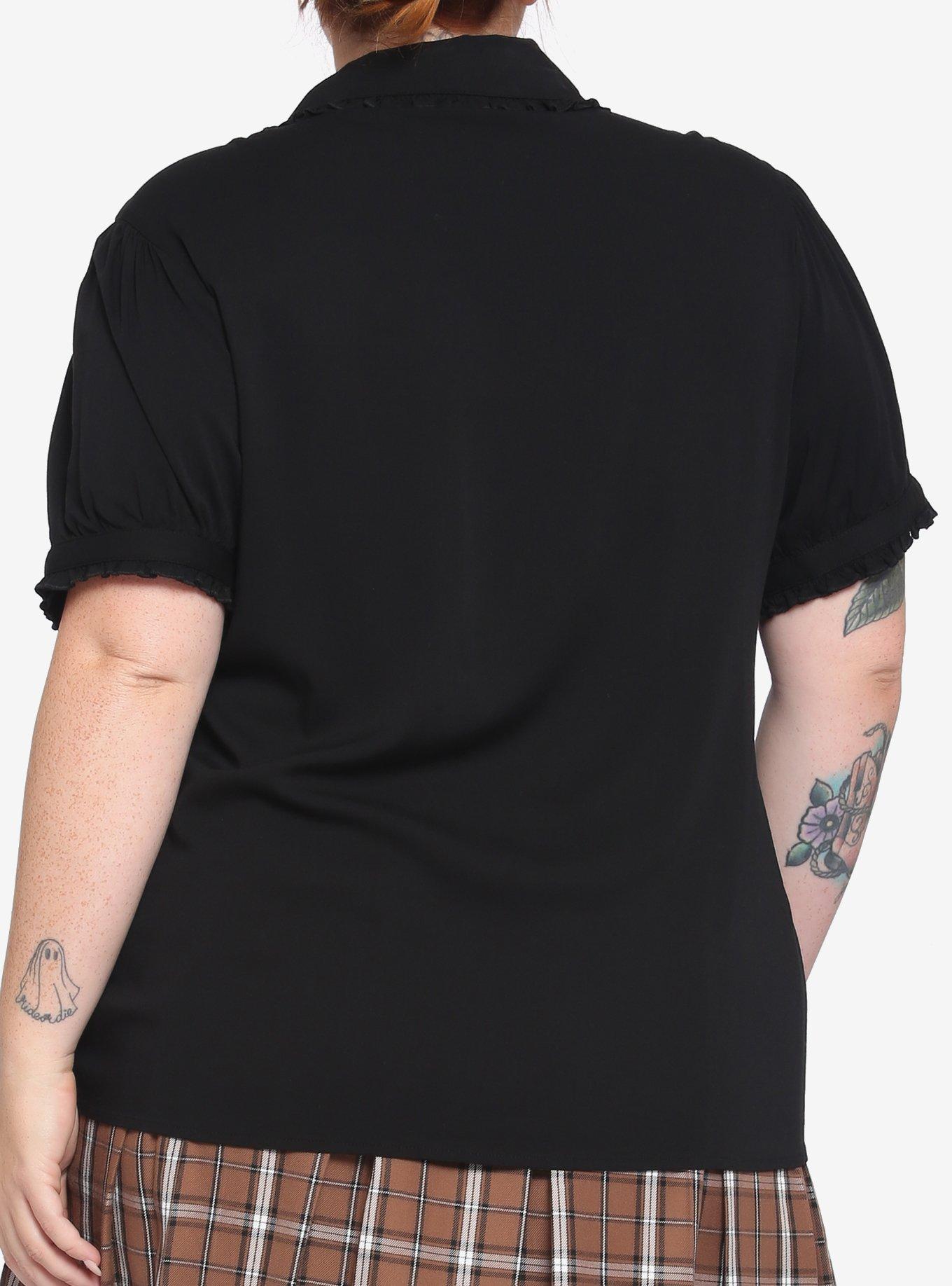 Black Puff Sleeve Tie-Front Girls Woven Button-Up Plus Size, BLACK, alternate