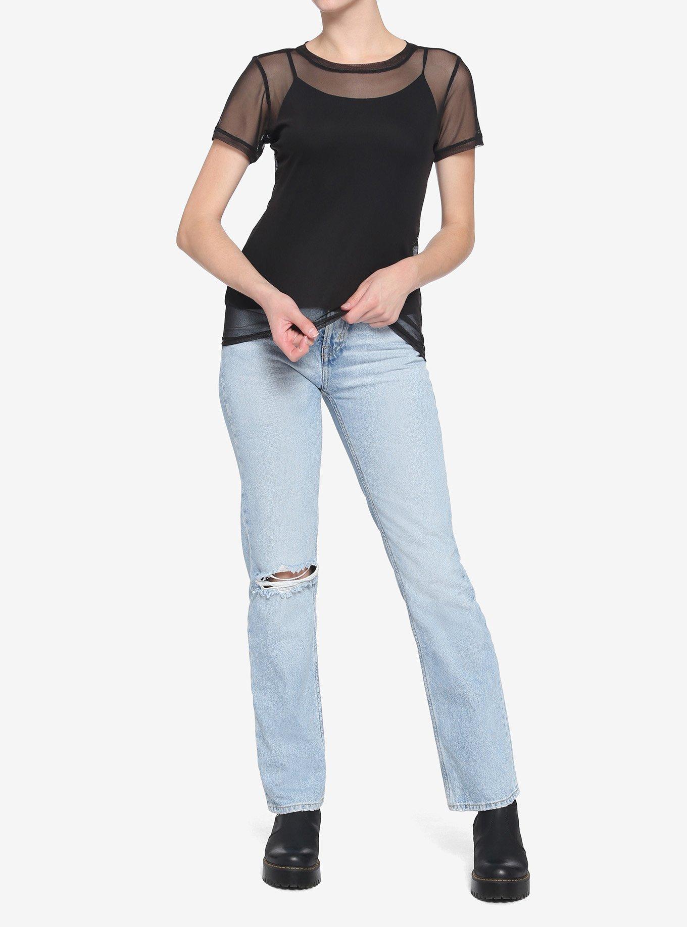 Black Mesh Girls Short-Sleeve Shirt, , hi-res