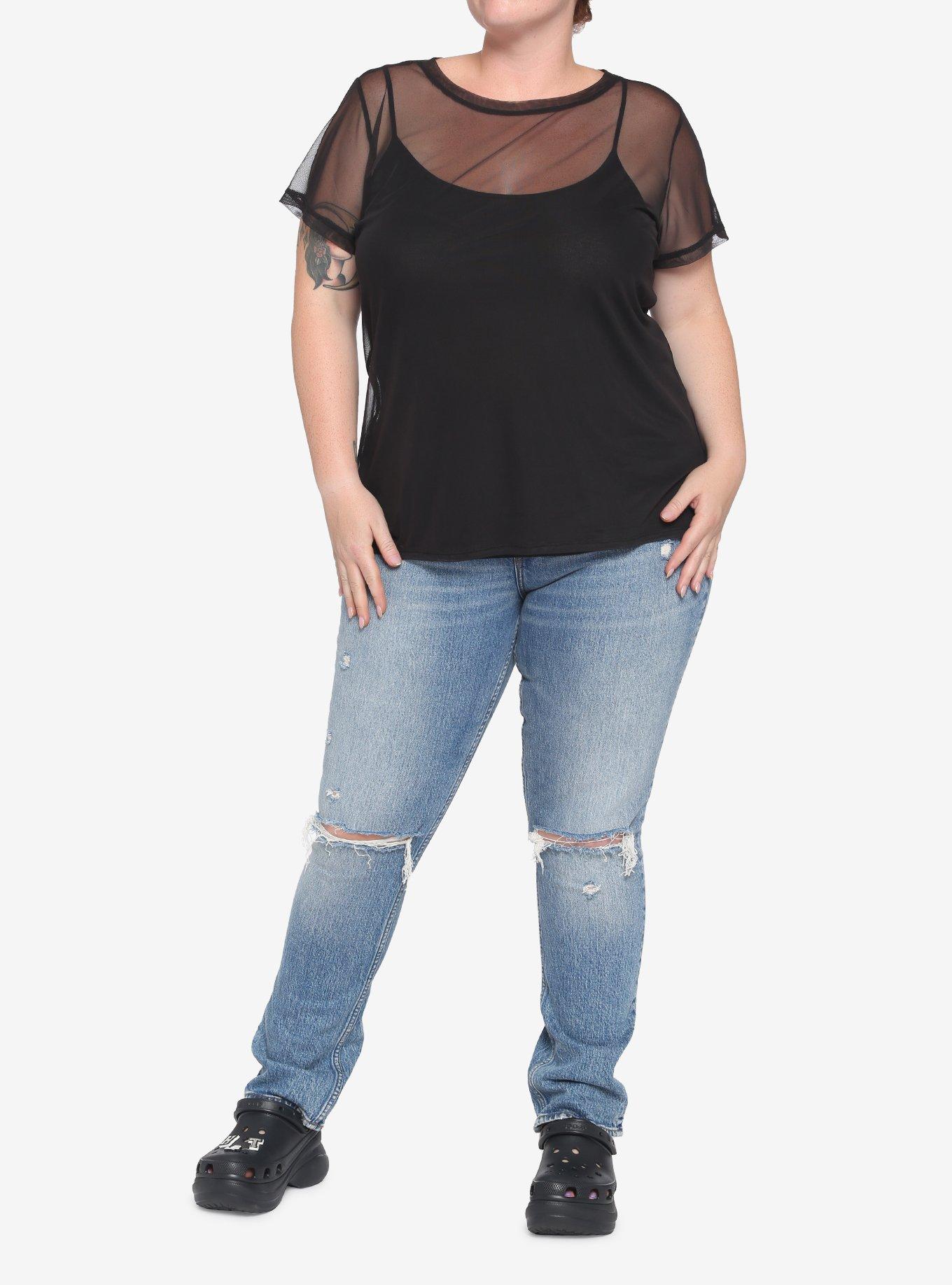 Black Mesh Girls Short-Sleeve Shirt Plus Size, , hi-res