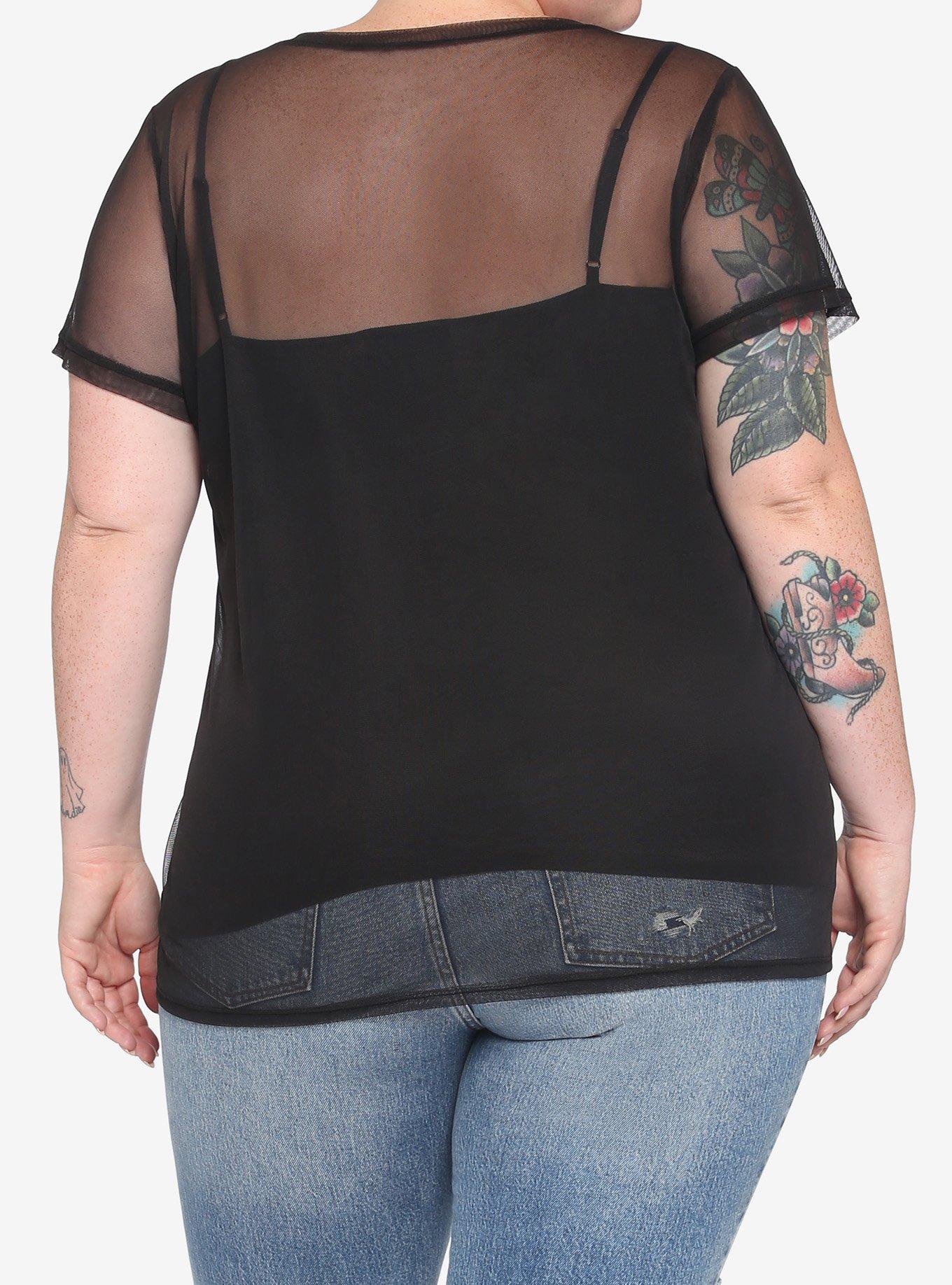 Black Mesh Girls Short-Sleeve Shirt Plus Size, BLACK, alternate