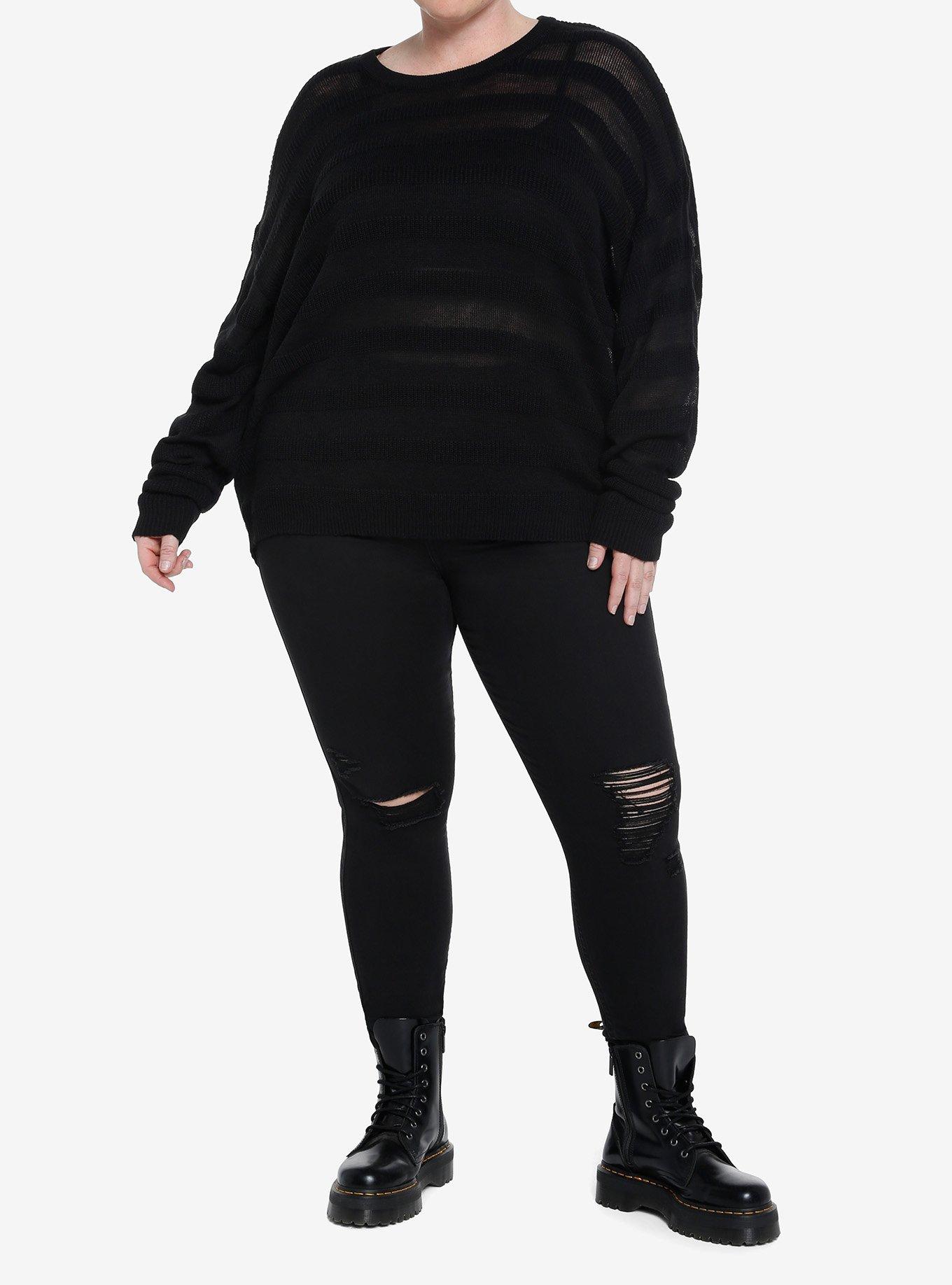 Social Collision Black Mesh Stripe Girls Knit Long-Sleeve Top Plus Size, , hi-res