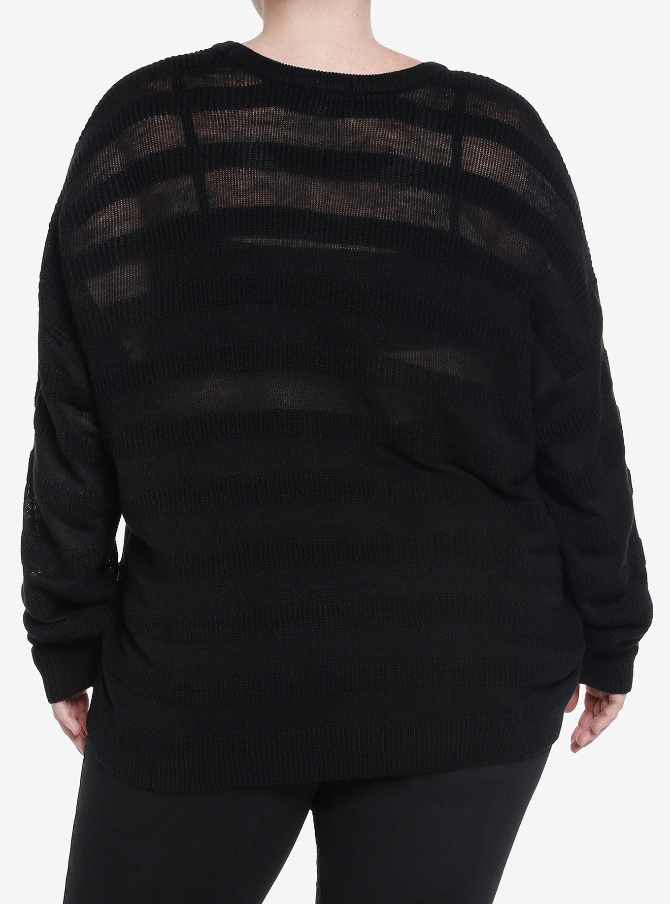 Social Collision Black Mesh Stripe Girls Knit Long-Sleeve Top Plus Size, BLACK, alternate